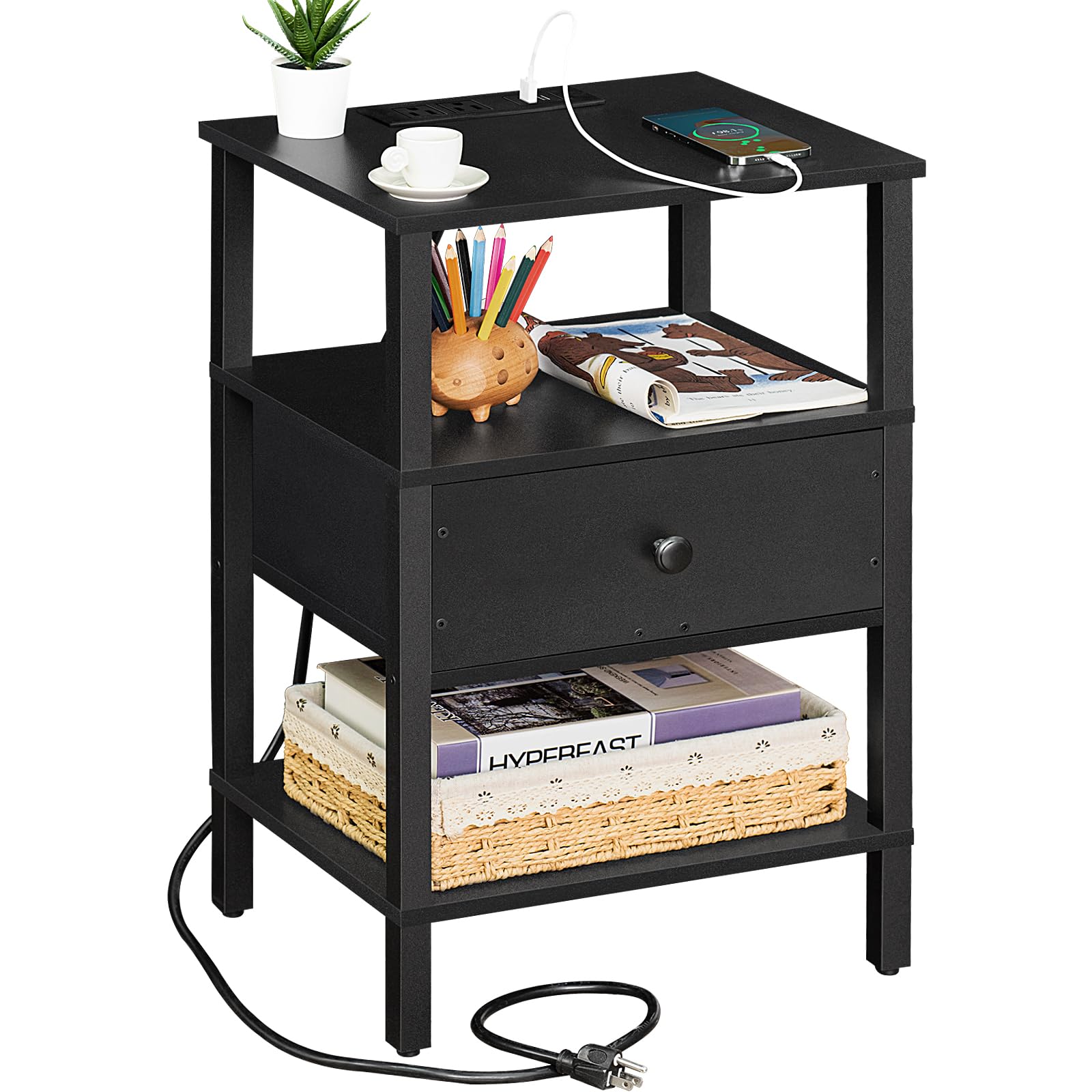Lerliuo Nightstand With Charging Station And Usb Ports, 3-Tier Storage End Table With Drawer Shelf, Night Stand For Small Spaces, Wood Bed Side Table For Living Room, Bedroom - Classic Black