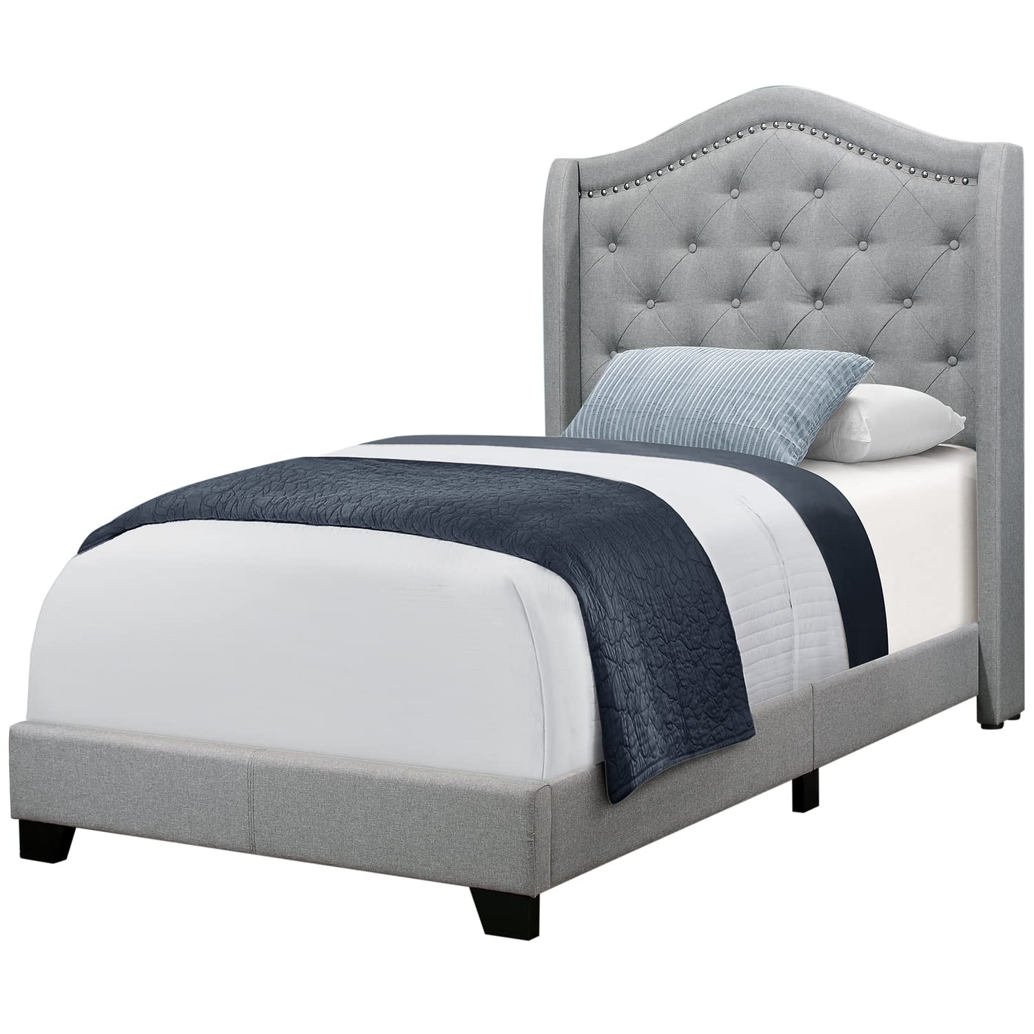 Monarch Specialties I Size Grey Linen with Chrome Trim Twin Bed - Thumbnail 2