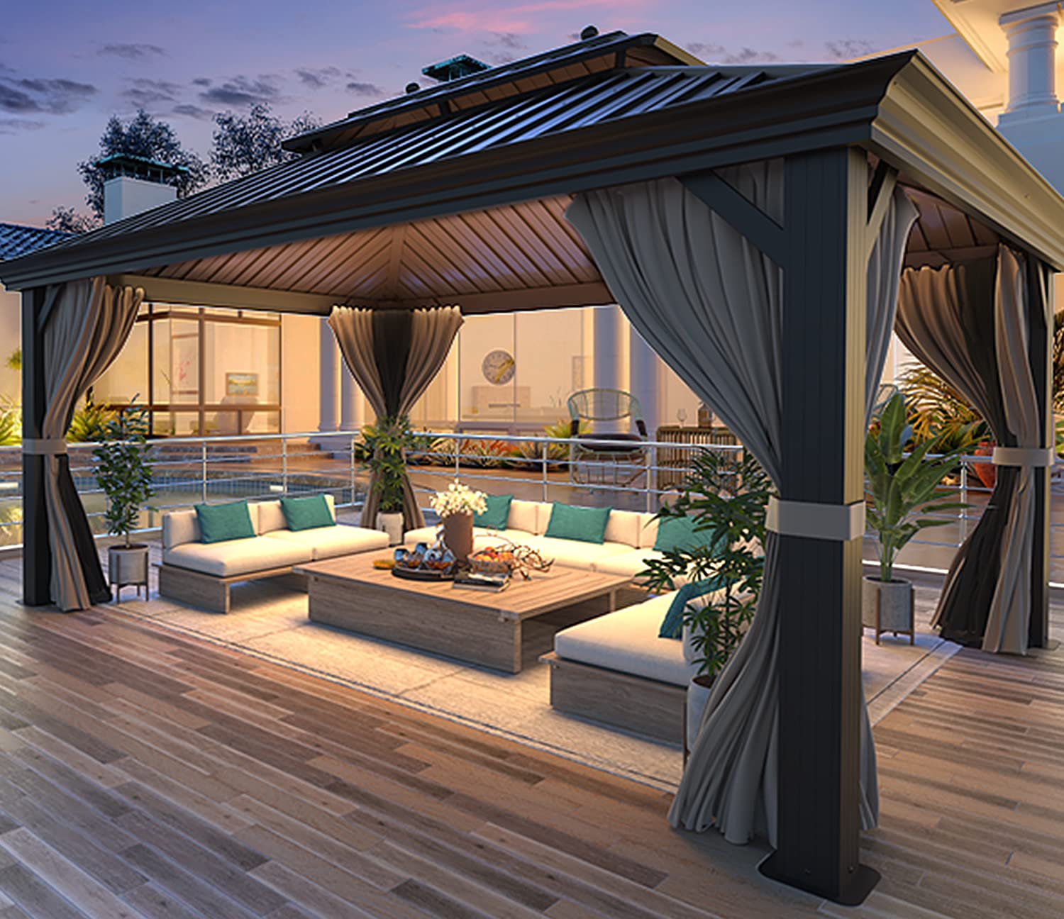 Mellcom 12' X 16' Hardtop Gazebo, Galvanized Steel Metal Double Roof Aluminum Gazebo With Curtains And Netting, Brown Permanent