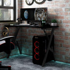 vidaXL Black Gaming Desk - Engineered Wood & Iron Y-Shaped Legs - Spacious PC Table with Cup/Headphone/Controller Holders for Office & Home