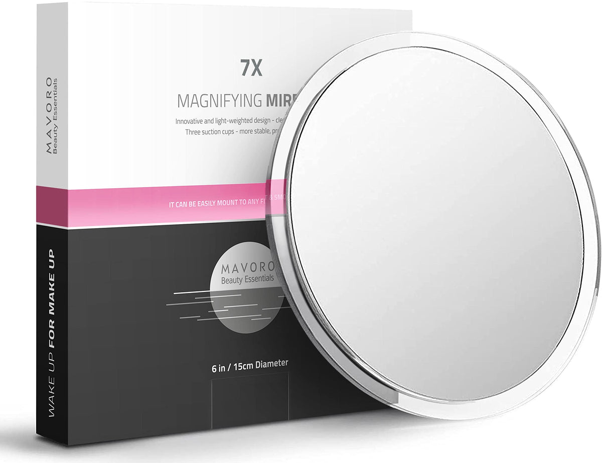 Mavoro Magnifying Mirror with Suction Cups - Triple Suction Cup Stick on Mirror with 7X Magnification. Portable Travel Makeup Mi