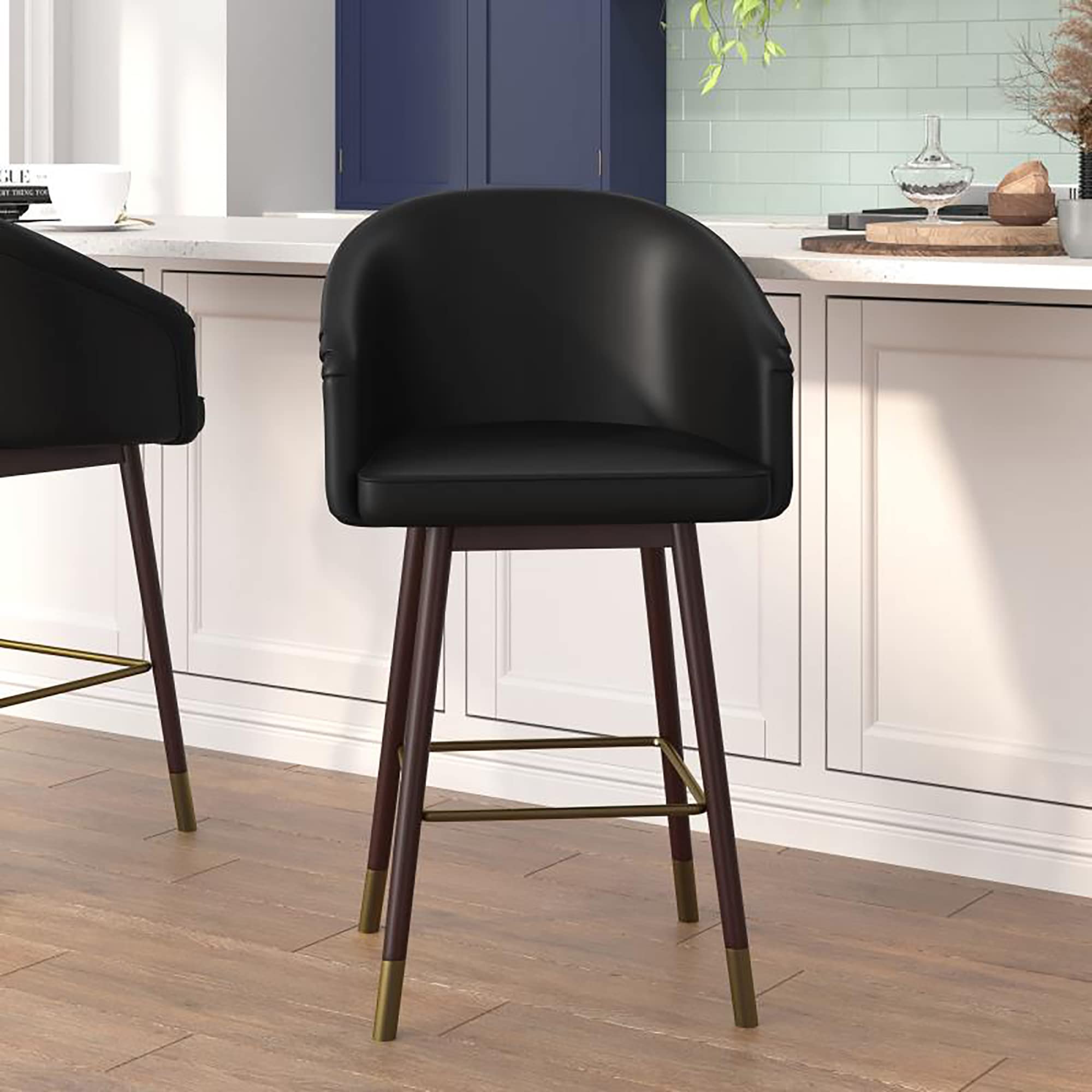 Flash Furniture Margo Commercial Grade Mid-Back Counter Stools - Black LeatherSoft Upholstery - Walnut Finish Beechwood Legs with Bronze Accents - 26&quot; Stool (Pack of 2)