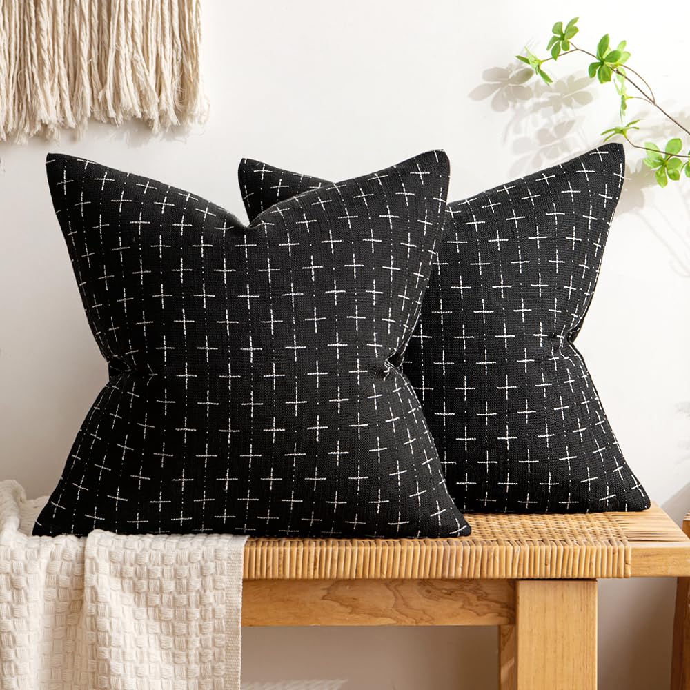 Miulee Pack Of 2 Decorative Burlap Linen Throw Pillow Covers Modern Farmhouse Pillowcase Rustic Woven Textured Cushion Cover For Sofa Couch Bed 16X16 Inch Black