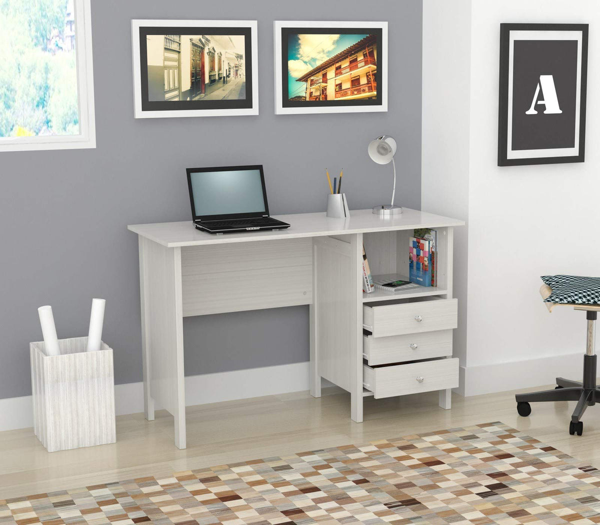 HomeRoots Melamine/Engineered Wood White Finish Wood Computer Desk with Three Drawers