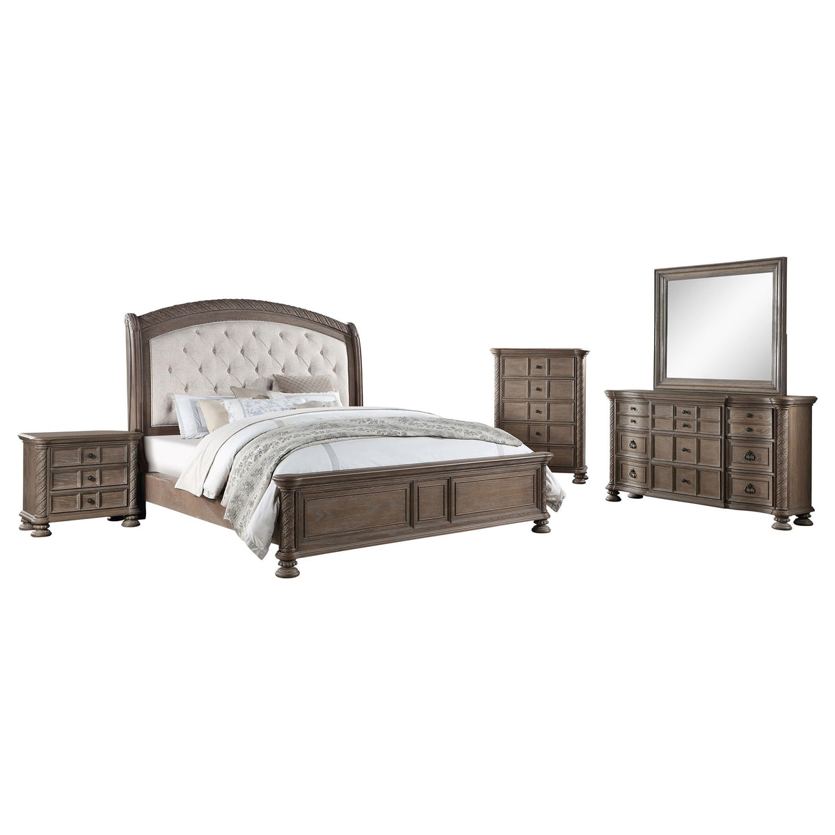 Coaster Home Furnishings Emmett Traditional 5-Piece Bedroom Set Fabric Upholstered Eastern King Size Sleigh Bed Frame 68-Inch Headboard Walnut 224441Ke-S5