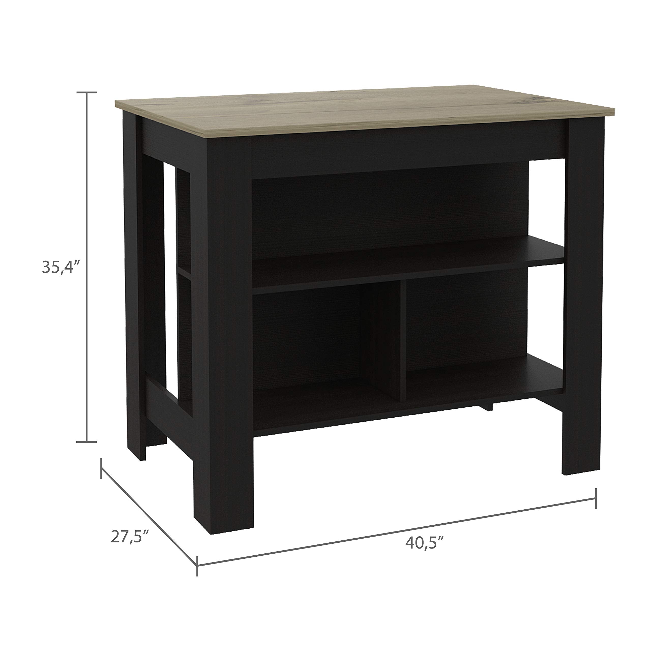 DEPOT E-SHOP Delos Kitchen Island 35.4H X 40,5W X 27,5D with Open Shelves, Large Tabletop, Black/Light Oak - Kitchen