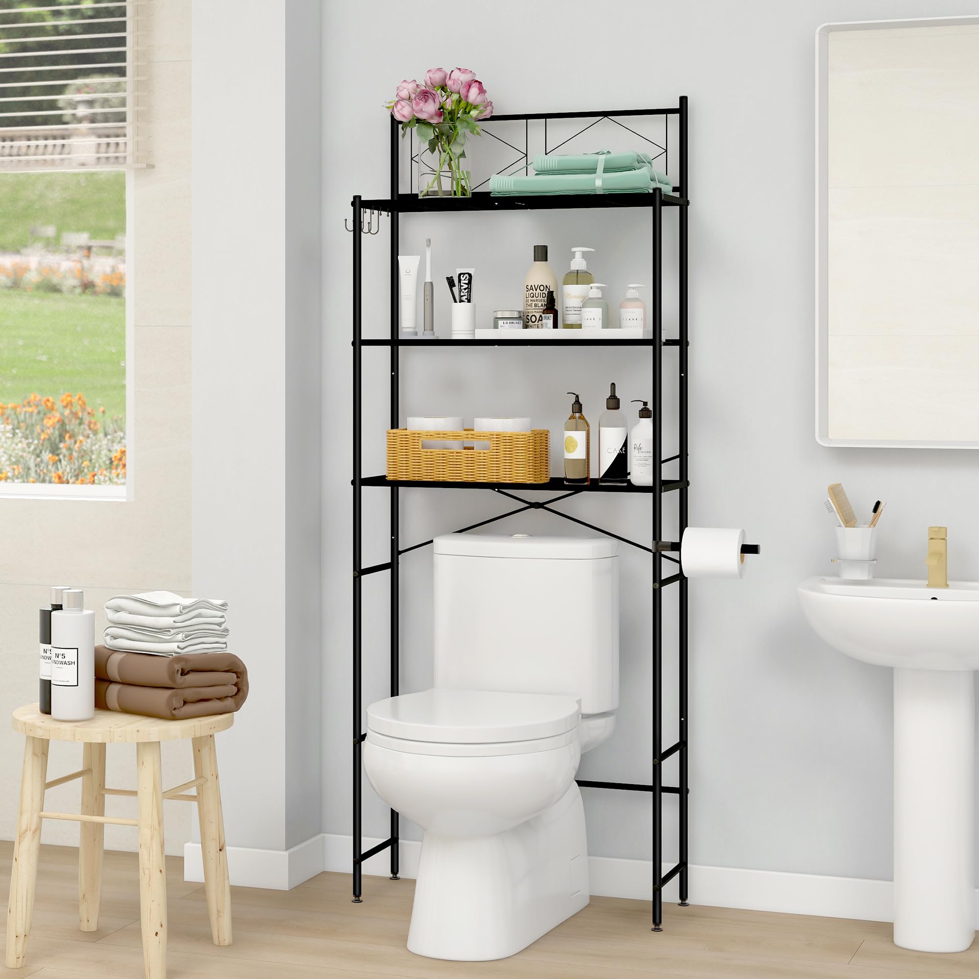 Mallboo Over The Toilet Storage Rack,Metal 3-Tier Over Toilet Organizer Shelf,Freestanding Above Toilet Shelf For Bathroom, Laundry(Black)