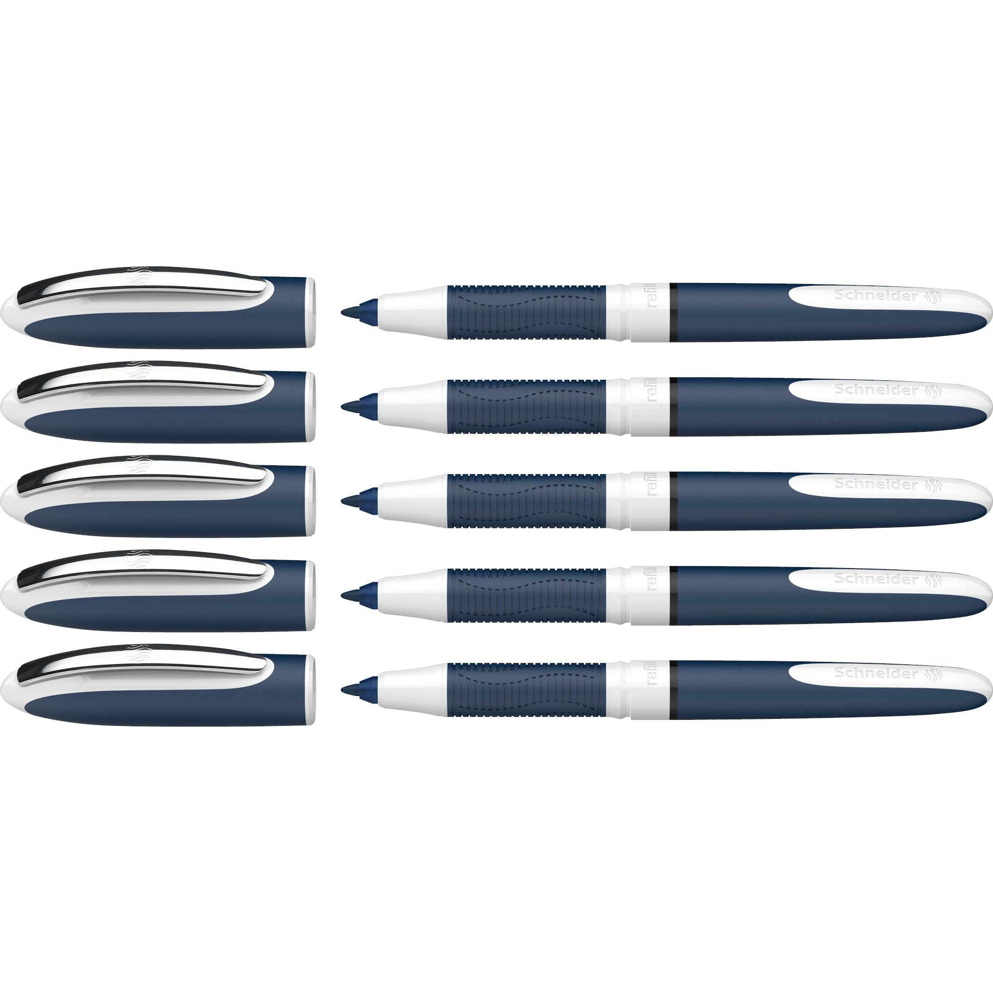 Schneider One Change Rollerball Pen, Refillable, 0.6 Mm Ultra-Smooth Tip, Blue/White Barrel, Black Ink, Box Of 5 Pens (183701)