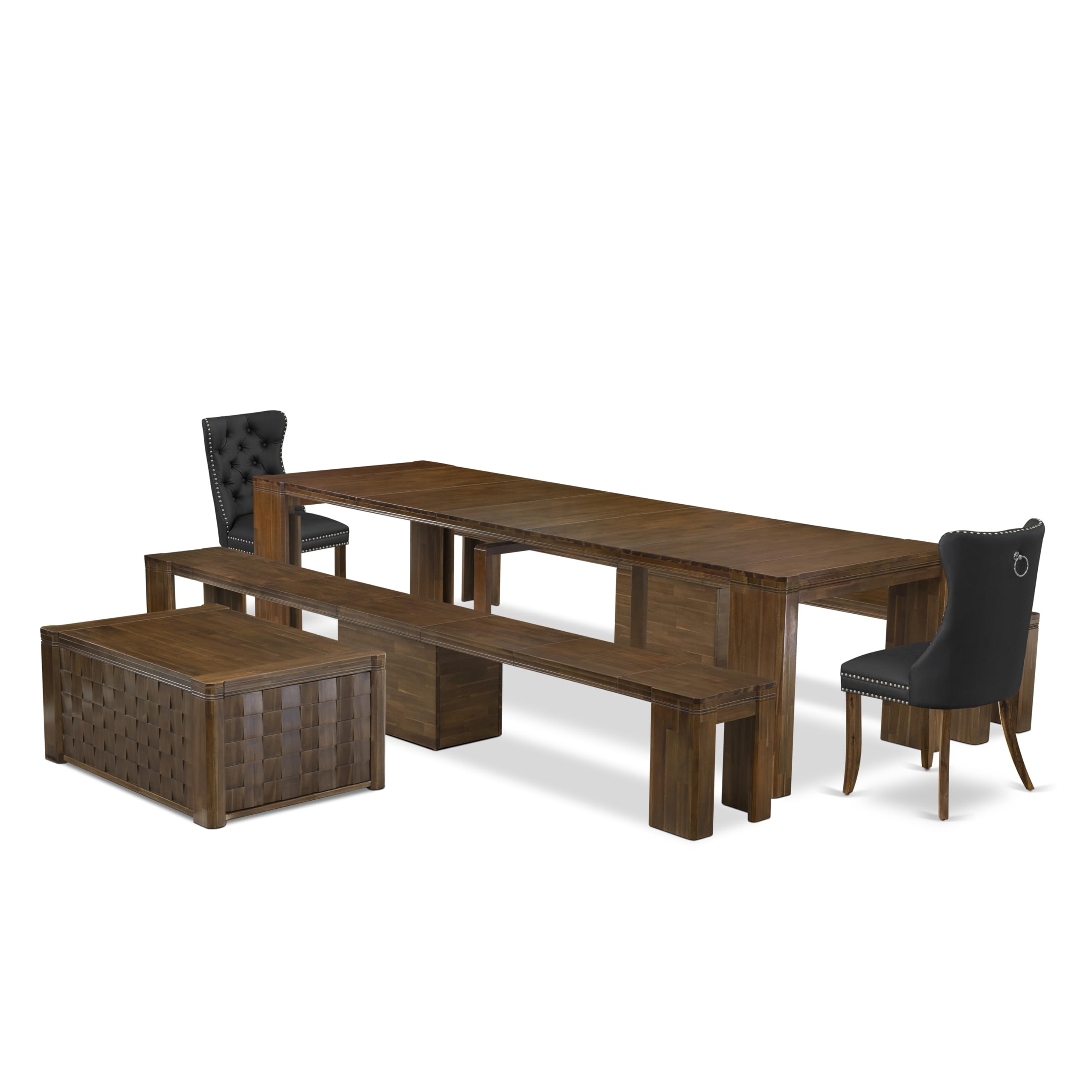 Luxe by East West Furniture - X02DA-2C8-12 - 6 Pieces Dining Set Includes an Extendable Rectangle Kitchen Table, 1 Coffee Table, 2 Dining Chairs and 2 Modern Benches, 39x120 Inch, Antique Walnut