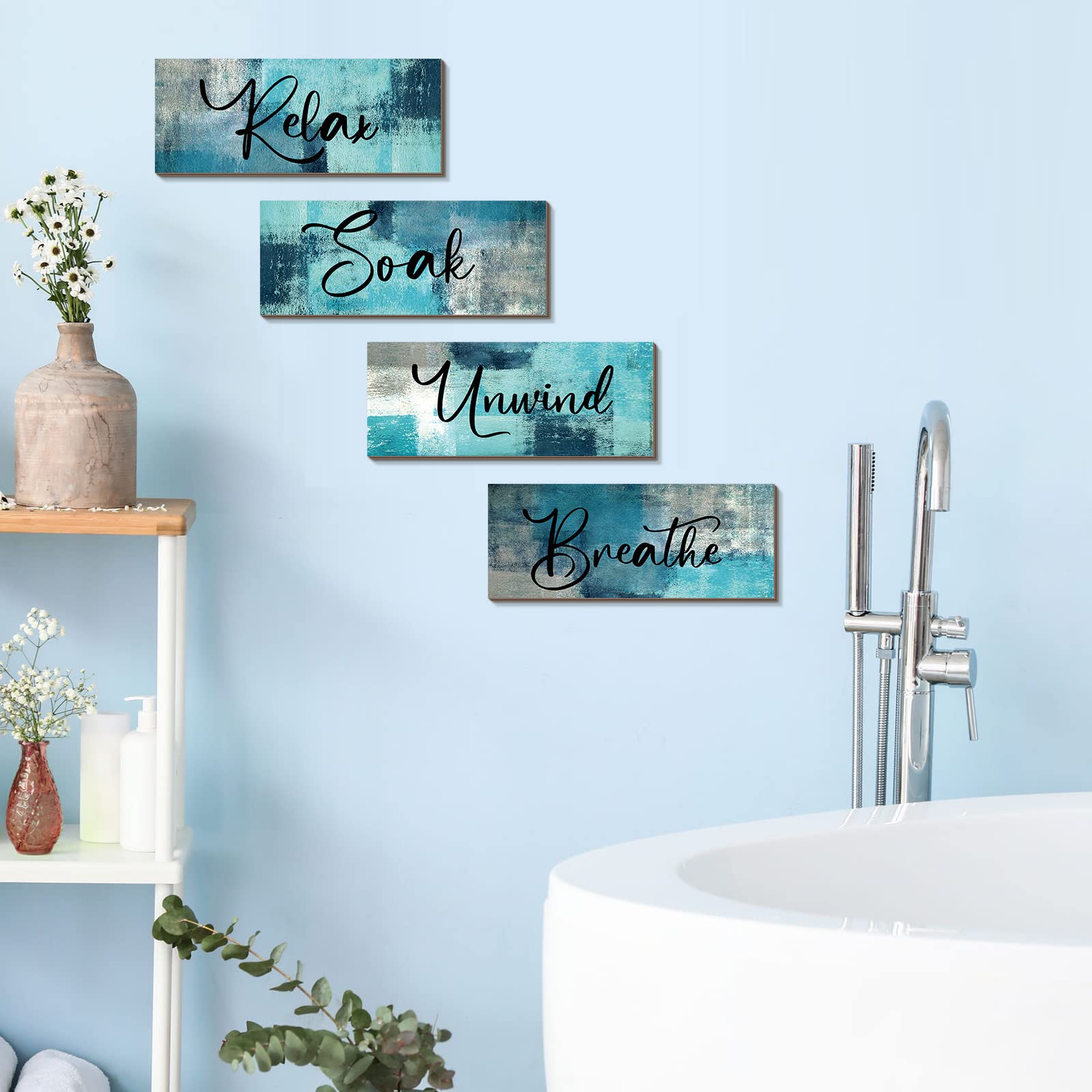 Maitys 4 Pcs Bathroom Wall Decor 10 X 4 Inch Bathroom Wall Art Contemporary Wood Bathroom Pictures For Wall Soak Unwind Relax Wa