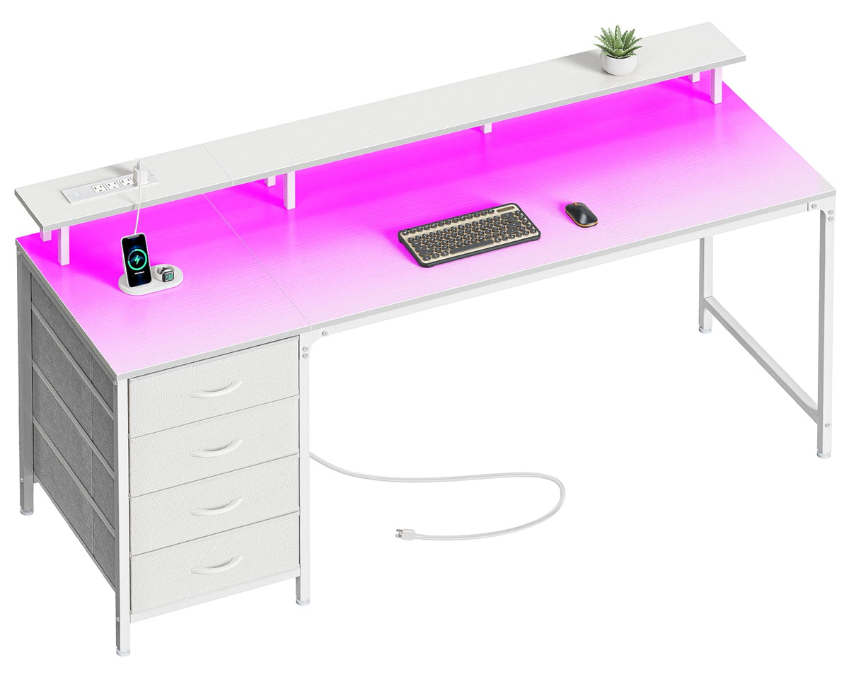 Huuger 63 Inch Computer Desk With Power Outlets And Led Lights, Gaming Desk With 4 Drawers, Office Desk With Monitor Stand, Study Desk Work Desk For Home Office, White