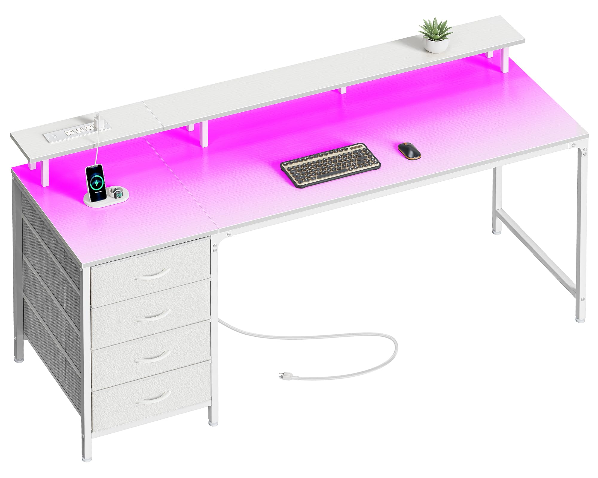 Huuger 63 Inch Computer Desk With Power Outlets And Led Lights, Gaming Desk With 4 Drawers, Office Desk With Monitor Stand, Study Desk Work Desk For Home Office, White