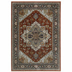 HomeRoots 508072 10 x 13 ft. Blue Beige Gray Gold Green & Rust Red Oriental Power Loom Stain Resistant Rectangle Area Rug with Fringe