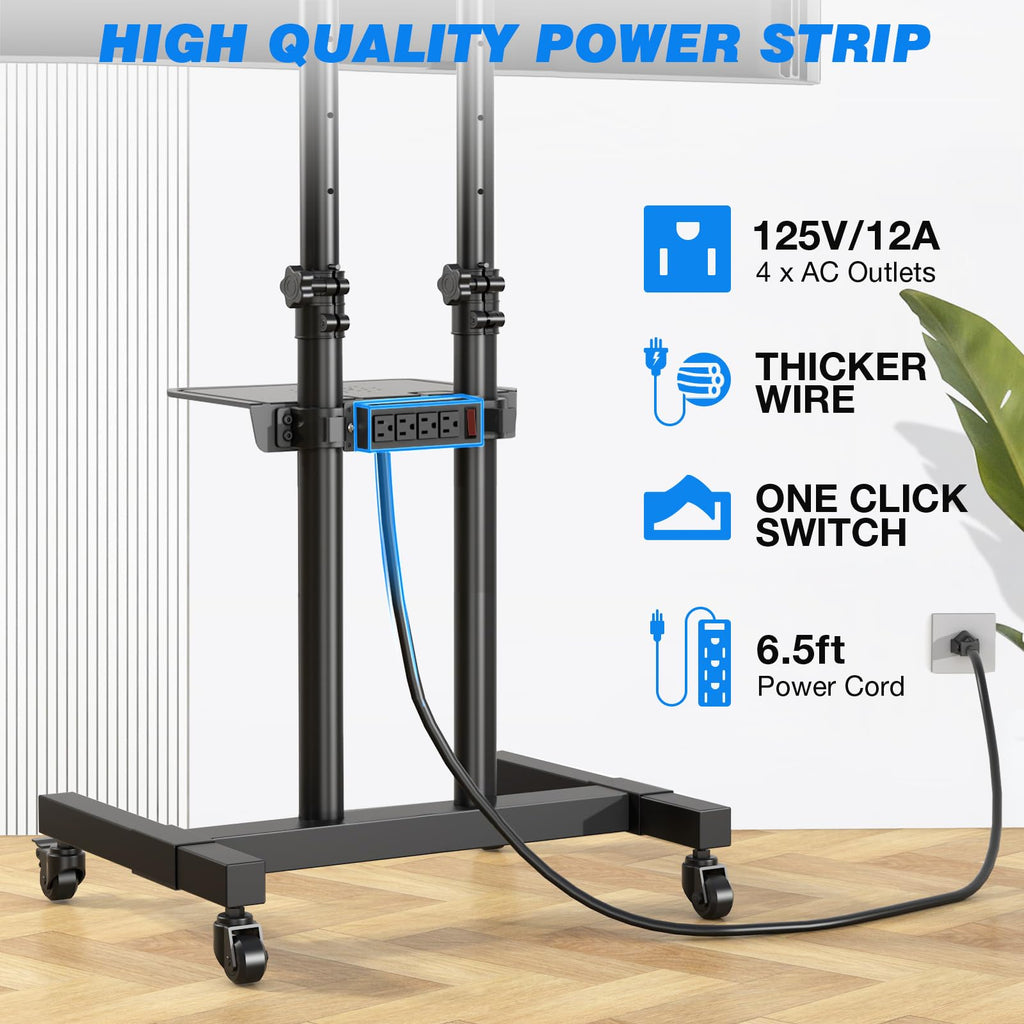 Rfiver Upgraded Rolling Tv Stand With Power Outlet For 32-83 Inch Tvs, Heavy Duty Mobile Tv Cart On Wheel Up To 110 Lbs, Height Adjustable Portable Tv Stand With Shelf For Bedroom, Living Room, Office