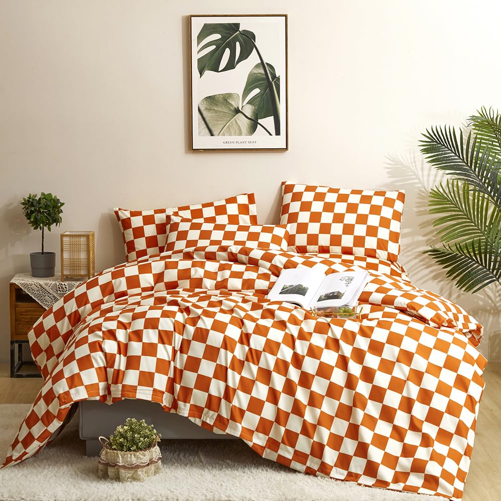 Clothknow Rust Beige Plaid Twin Comforter Set 3Pcs Caramel Bedding Comforter Sets Checker Comforter Soft Burnt Orange Beige Comf