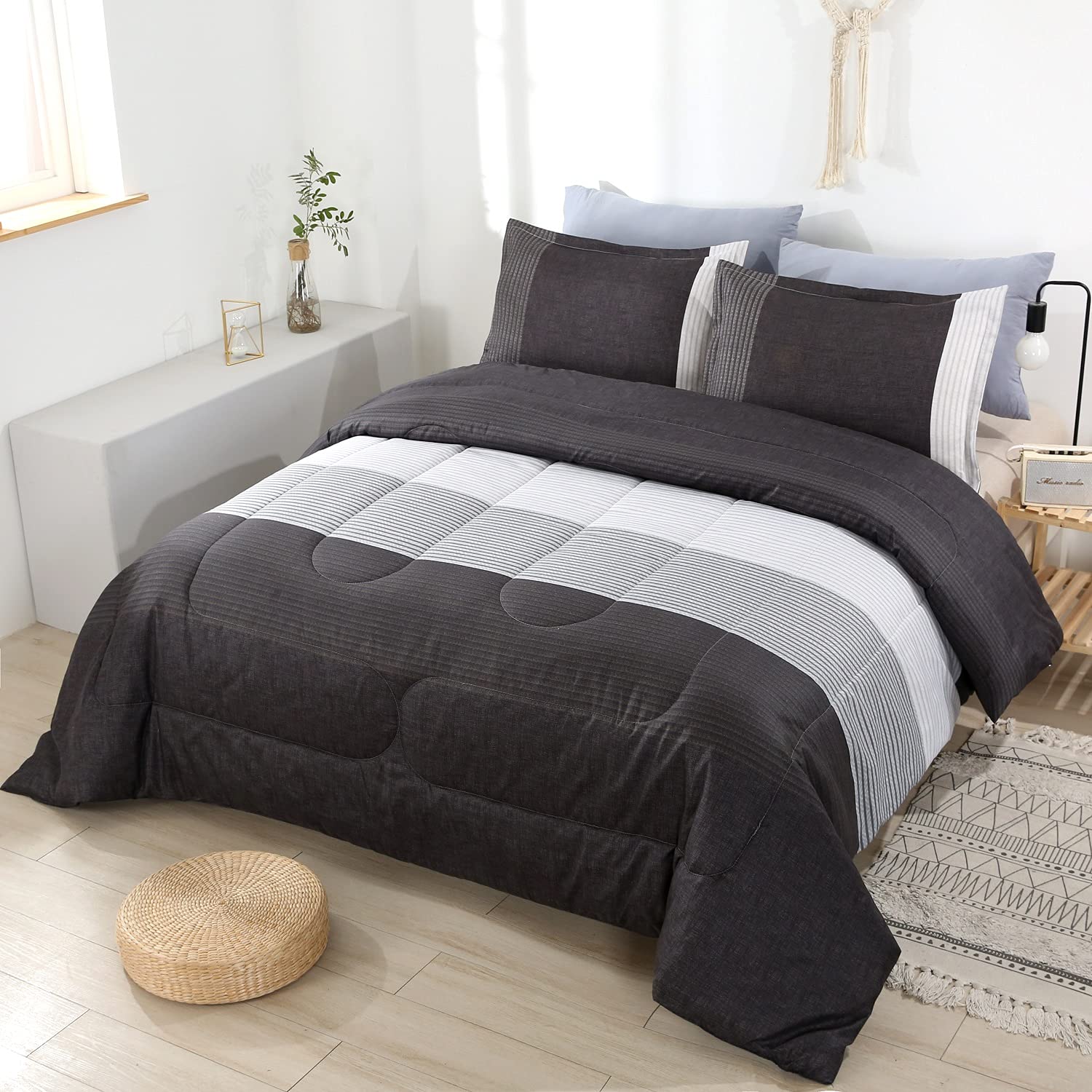 Perfemet Full Size Comforter Sets 3 Pieces - Black White Grey Design Striped Bedding Set For Boys Men, Ultra Soft Lightweight Ne
