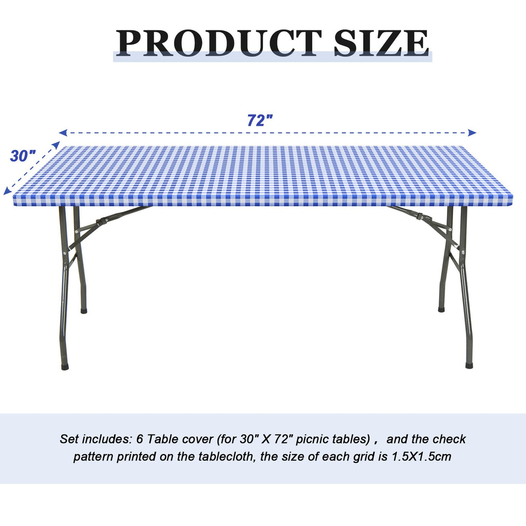 6 Pcs Tablecloth For Folding Fitted Rectangular Table Cloth 30 X 72 Inch Vinyl Waterproof Plastic Table Cover Flannel Backed With Elastic Rim For Indoor Outdoor Picnic Party (Blue And White Grid)