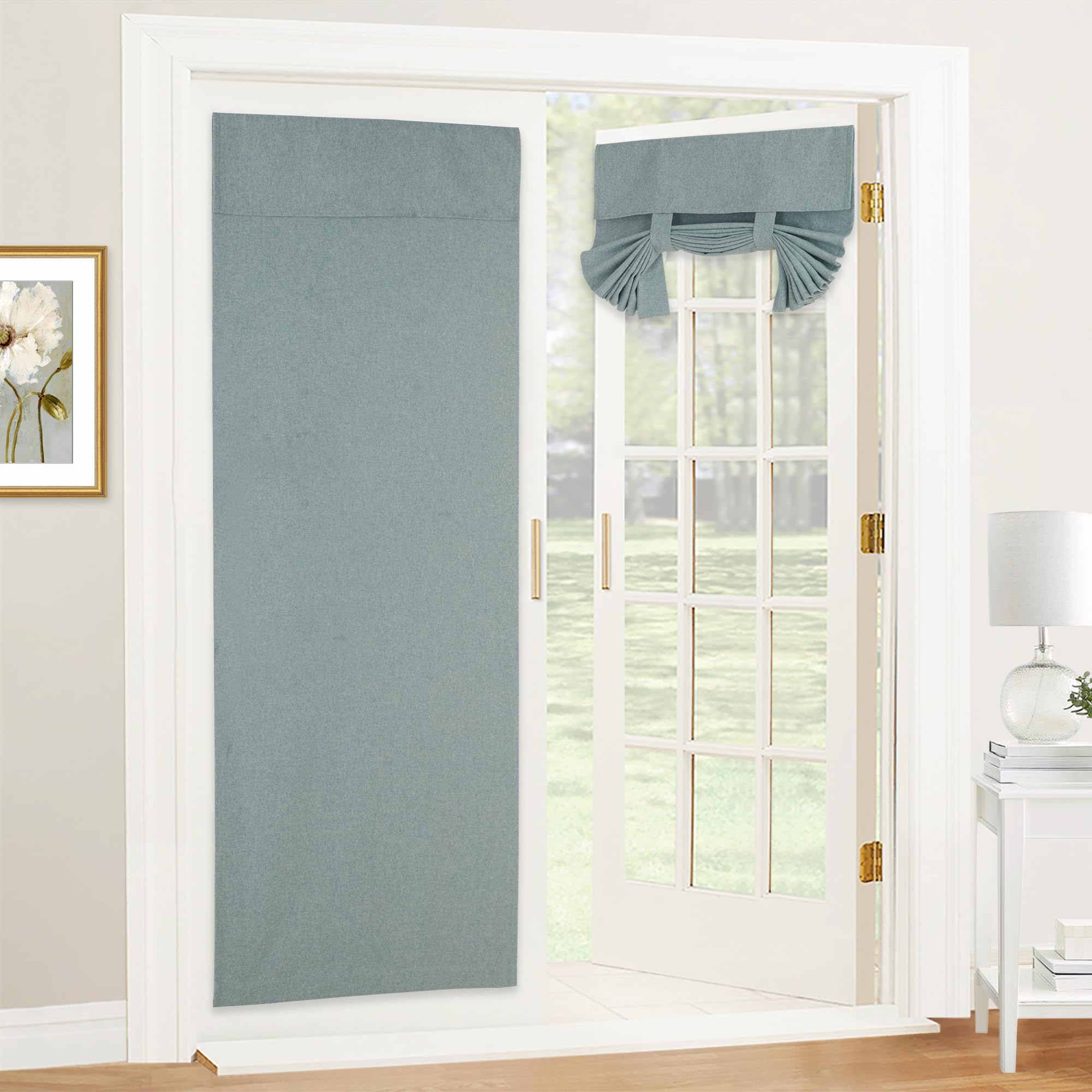Ryb Home Linen Blended French Door Shades Self Adhesive, Privacy Room Darkening Glass Door Window Curtains For Kitchen Patio Door Sidelight Curtain Tie Up Shades W 30 X L 80 In, 1 Pc, Stone Blue