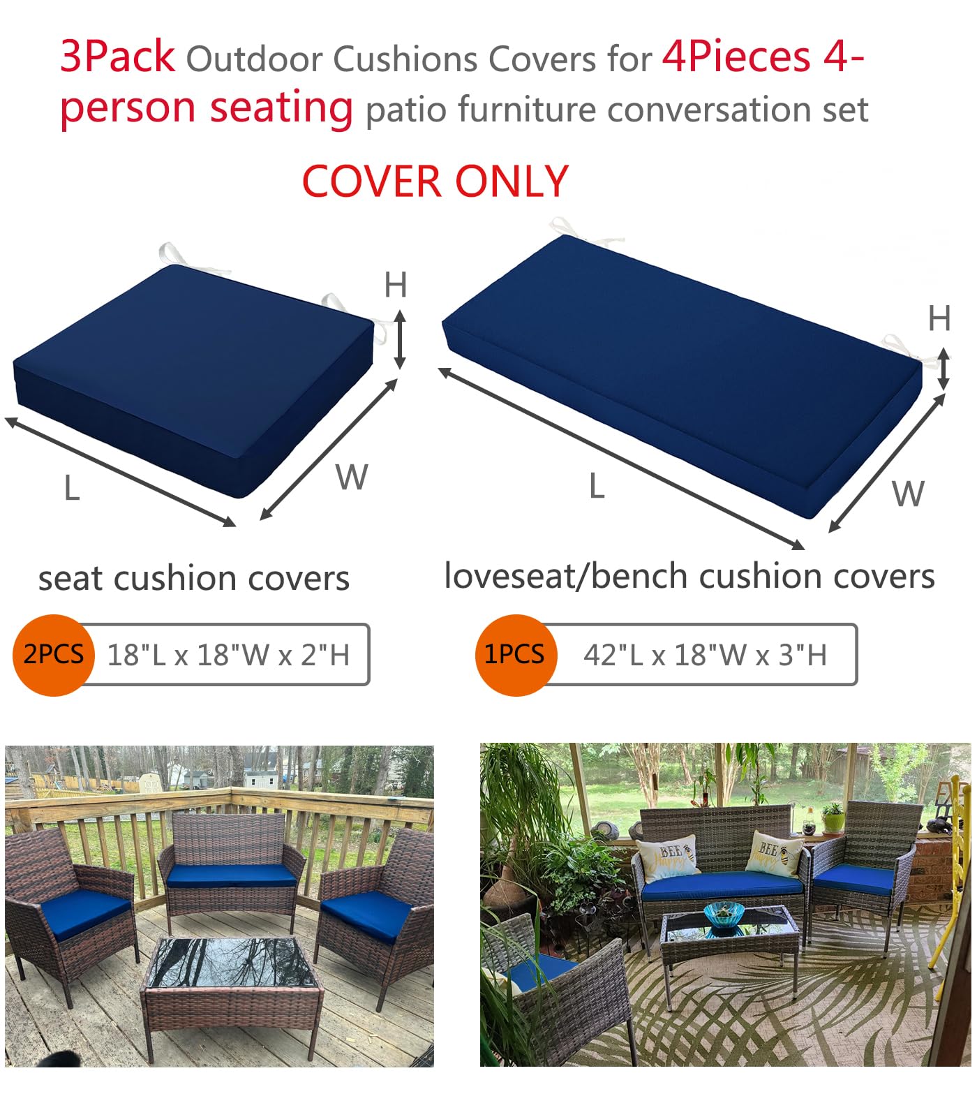 Sqodok Patio Outdoor Cushion Covers Set 3 Pack Furniture Seat Cushions Replacement Covers Waterproof Fit For 4-Seater Wicker Rattan Conversation Set Sofa Loveseat Chair Couch,42X18X3,18X18X2, Blue