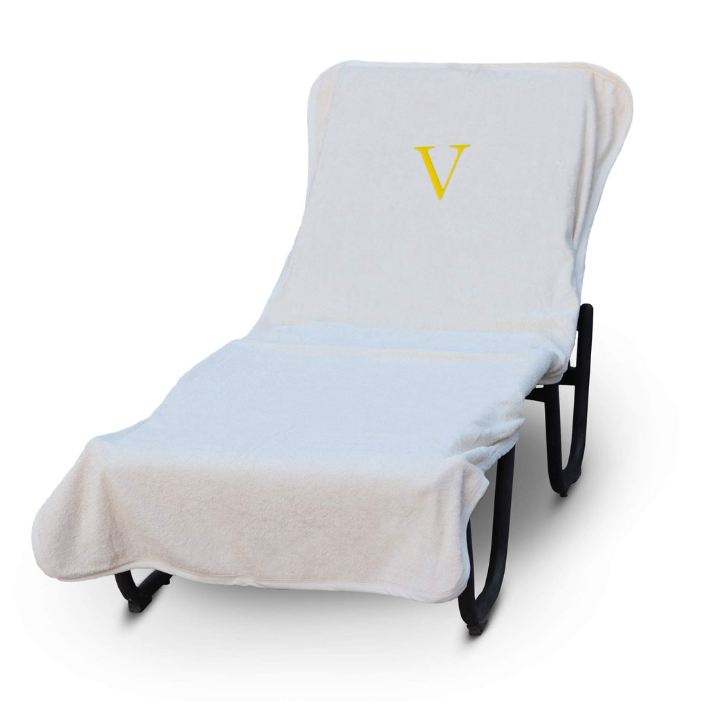 Luxury Hotel & Spa Monogrammed Pool Chaise Lounge Cover, Block Letter Embroidered - Extra Absorbent 100% Turkish Cotton- Soft Terry - Hotel-Style, Standard Size 90' X 29' - White - Gold Letter V