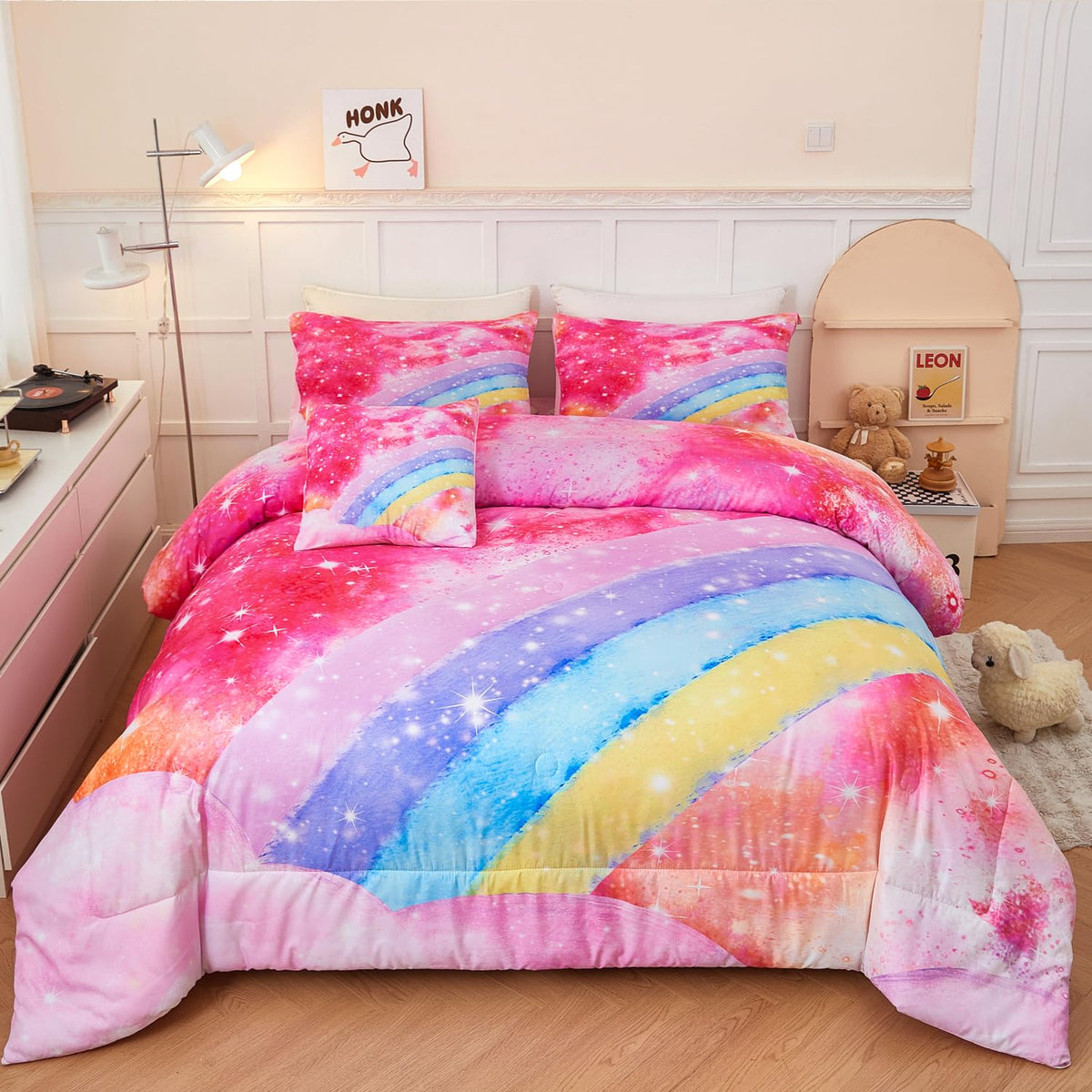 Angiyuin Rainbow Twin Size Comforter Set For Girls 6 Pieces Sparkle Tie Dye Pink Girls Bedding Comforter Sets Galaxy Kids Bed Co