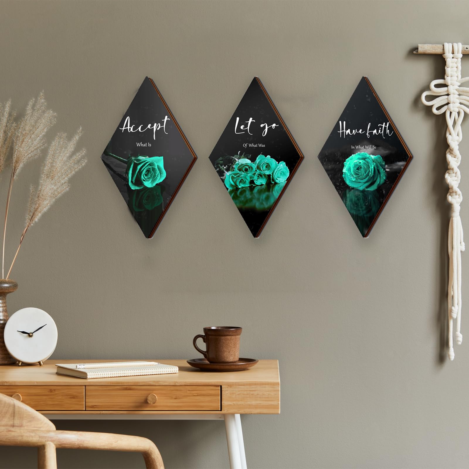 3 Pcs Teal Wall Decor Teal Rose Bathroom Decor Farmhouse Turquoise Bathroom Inspirational Wood Office Wall Art With Accept Let G