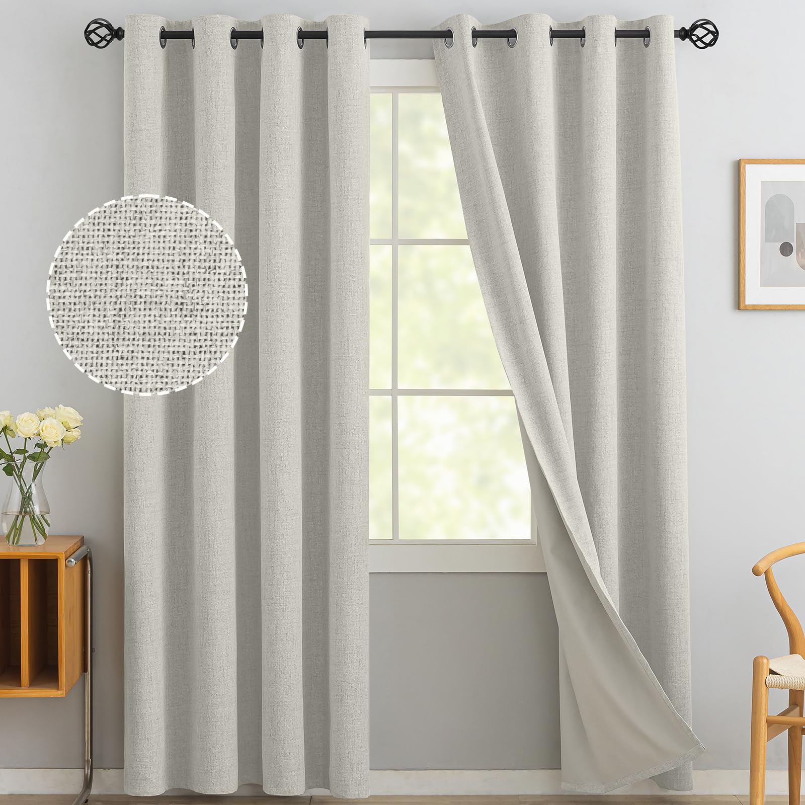 Yakamok Cream Linen Curtains 100% Blackout 84 Inches Long,Room Darkening Textured Curtains for Living Room Thermal Grommet Bedro