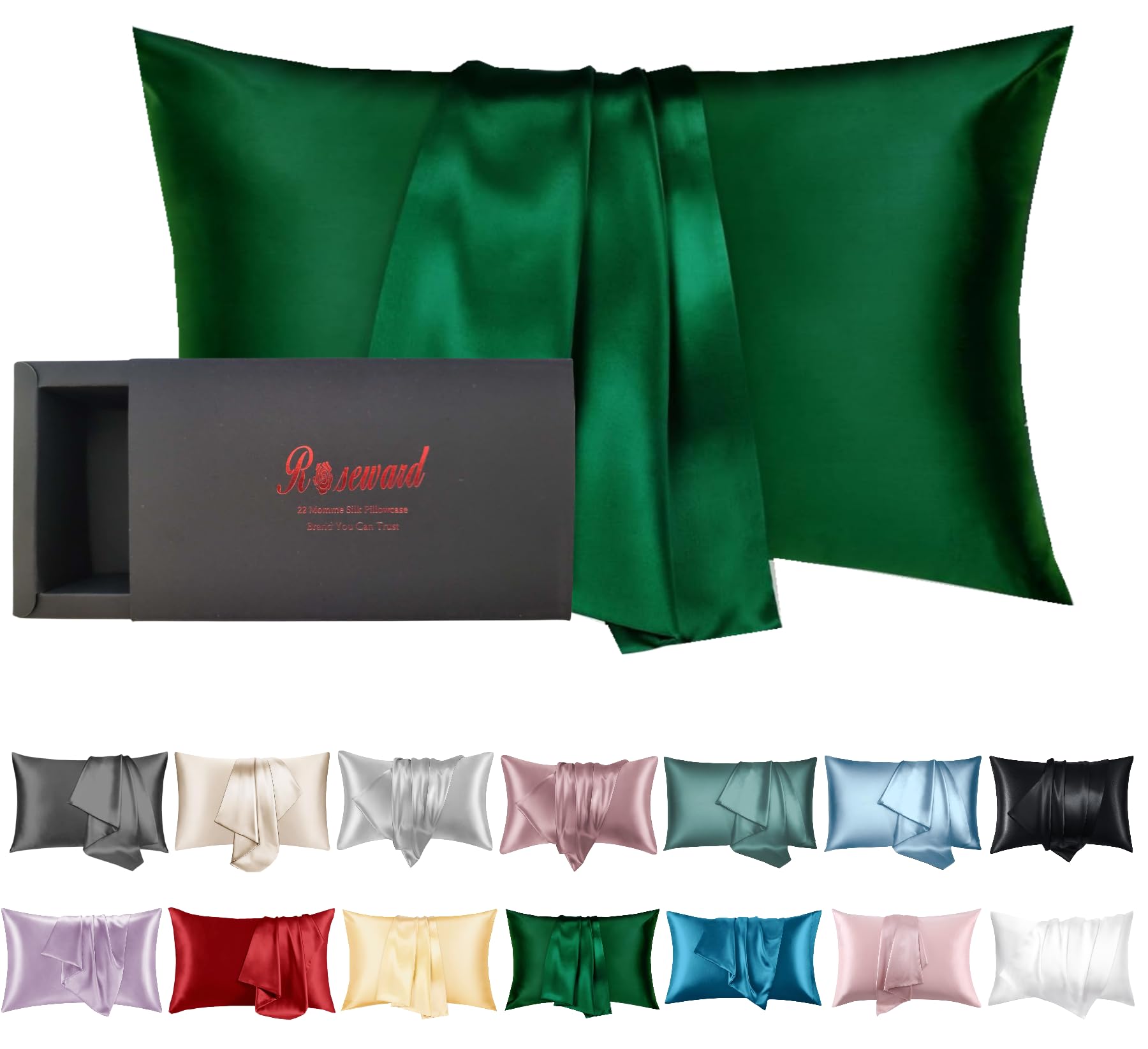 Green Silk Pillowcase for Hair and Skin Made in USA, 22 Momme Mulberry Silk Pillow Cases Standard Size with Zipper, 6A Grade Org