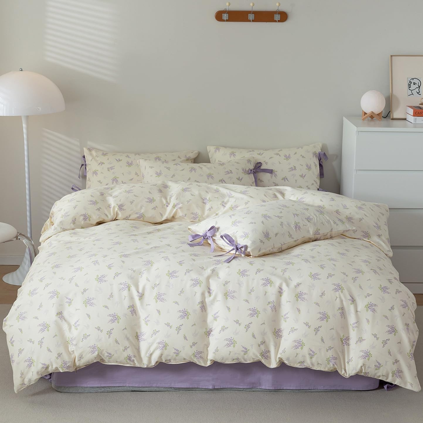 Vm Vougemarket King Duvet Cover Set,3 Pieces Purple Floral Duvet Cover With 2 Bow Ties Pillowcases 100% Cotton Lavender Flower B