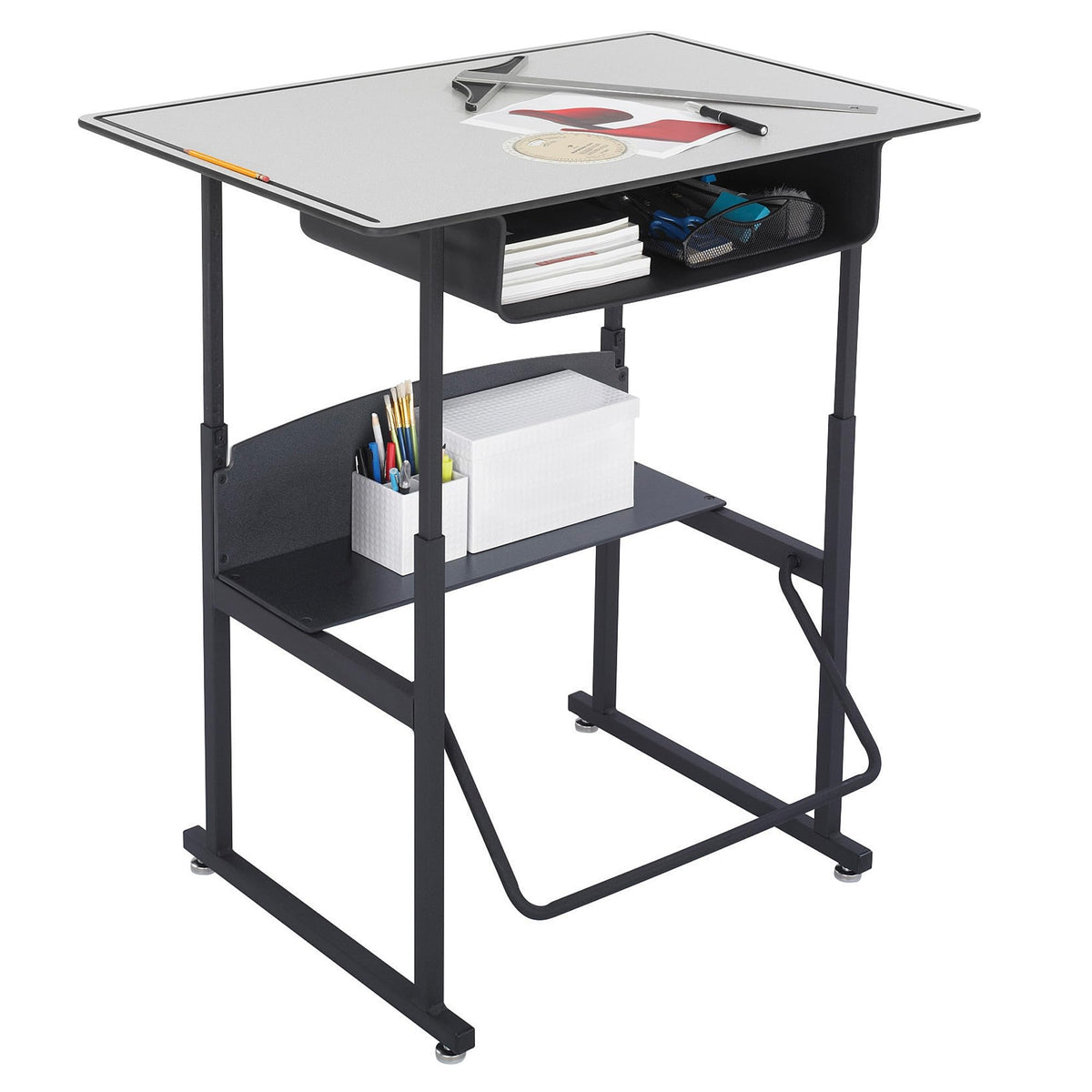 Safco Products AlphaBetter Adjustable-Height Desk, 1209GR, 36&quot; W x 24&quot; D Premium Desktop, Book Box, Swinging Footrest Bar