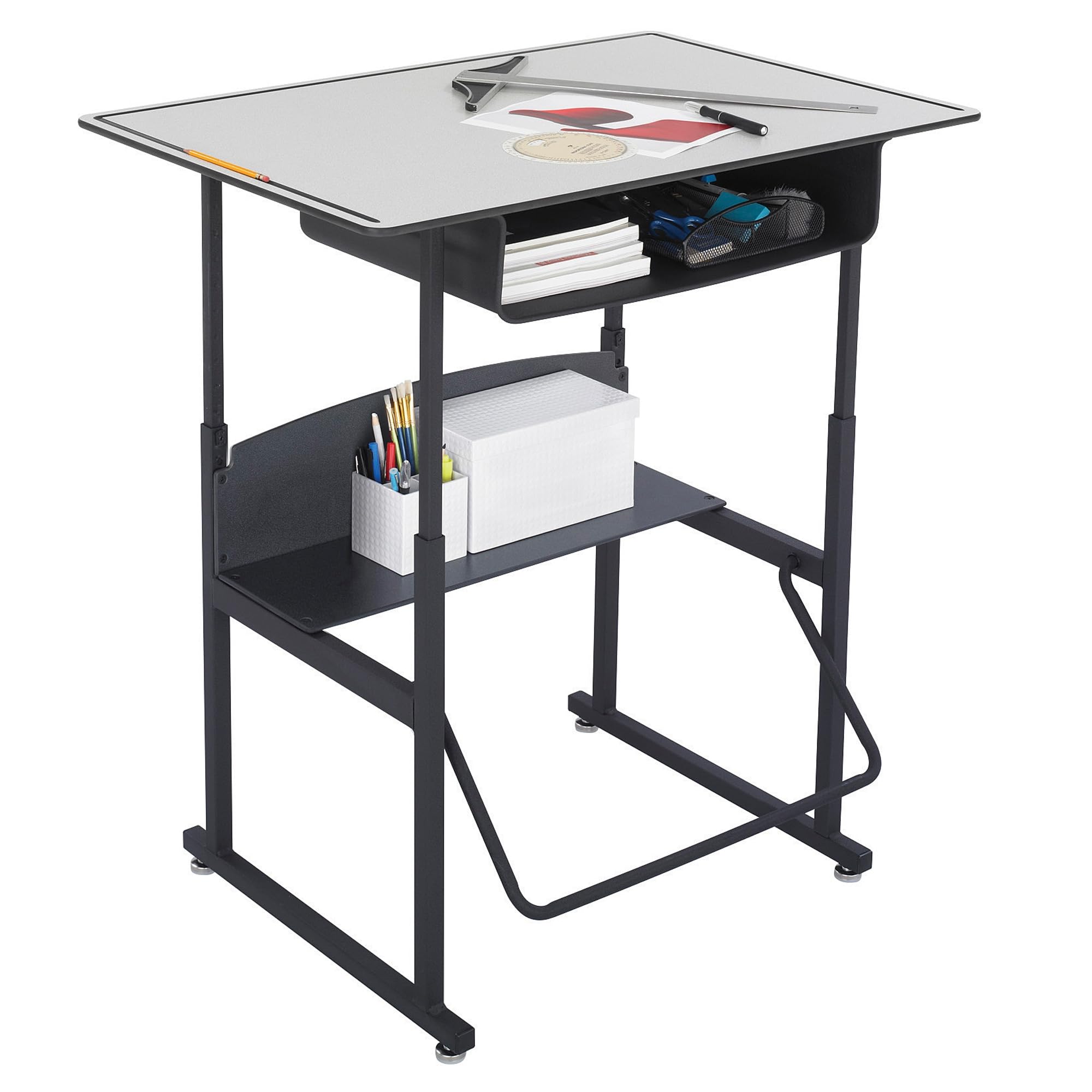 Safco Products AlphaBetter Adjustable-Height Desk, 1209GR, 36" W x 24" D Premium Desktop, Book Box, Swinging Footrest Bar
