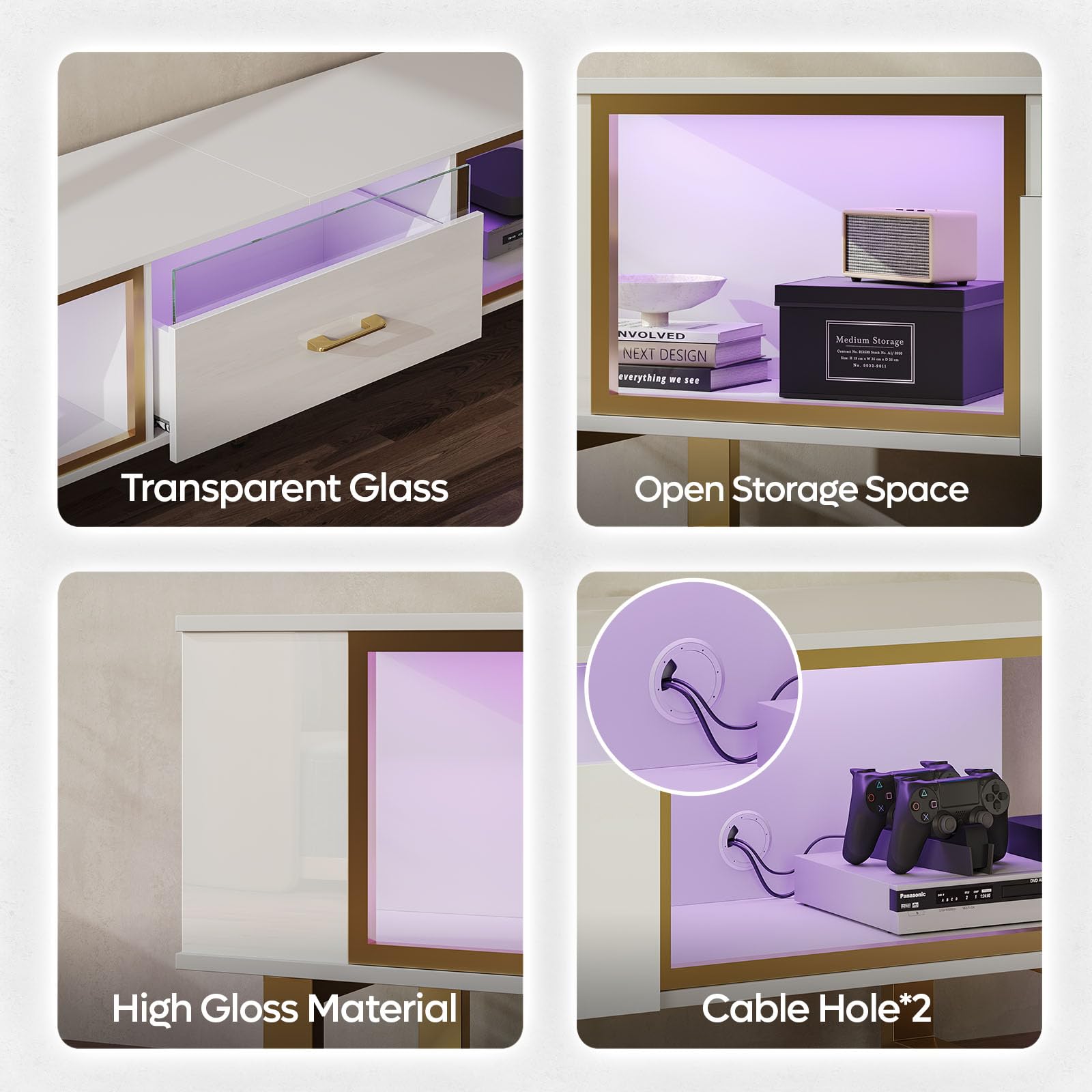 Bestier Tv Stand With Led Light For Tvs Up To 80 Inch, Modern Entertainment Center With Open Storage And Half-Glass Design Drawer, High Gloss Media Console Table For Living Room Bedrom, White And Gold