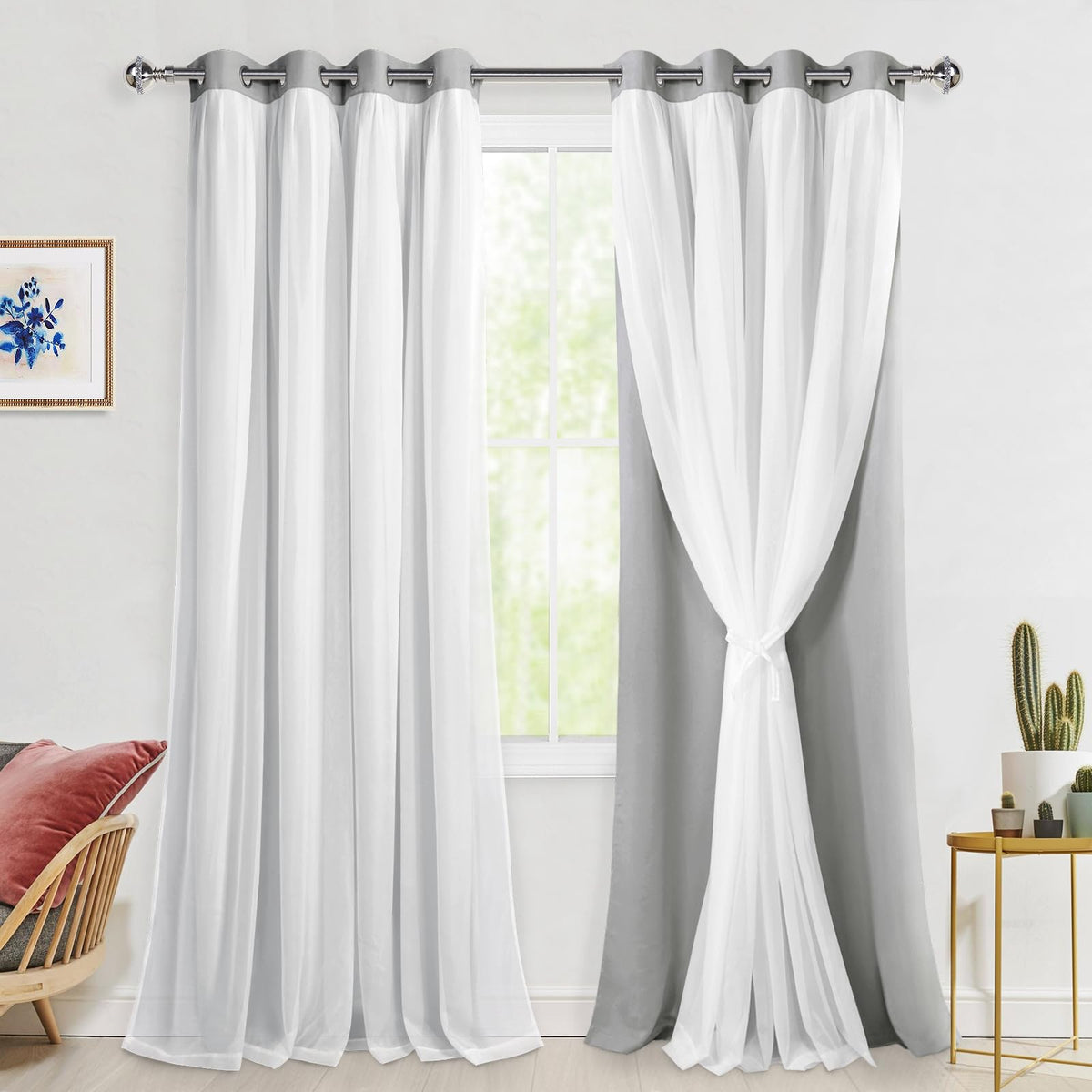 Hiasan Double Layer Blackout Curtains With Sheer Overlay, Mix & Match Thermal Insulated Sun Blocking Grommet Window Curtains For