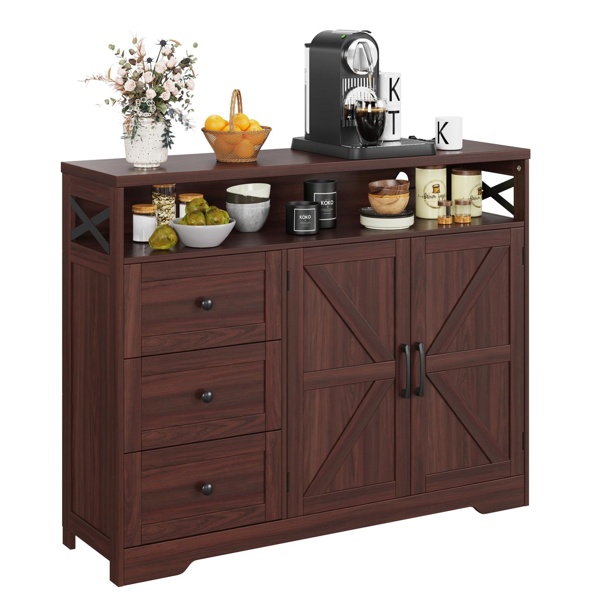 Dark Brown Farmhouse Storage Cabinet With Doors & Drawers, Sideboard Buffet Cabinet With Storage, Kitchen Pantry Hutch Cabinet,