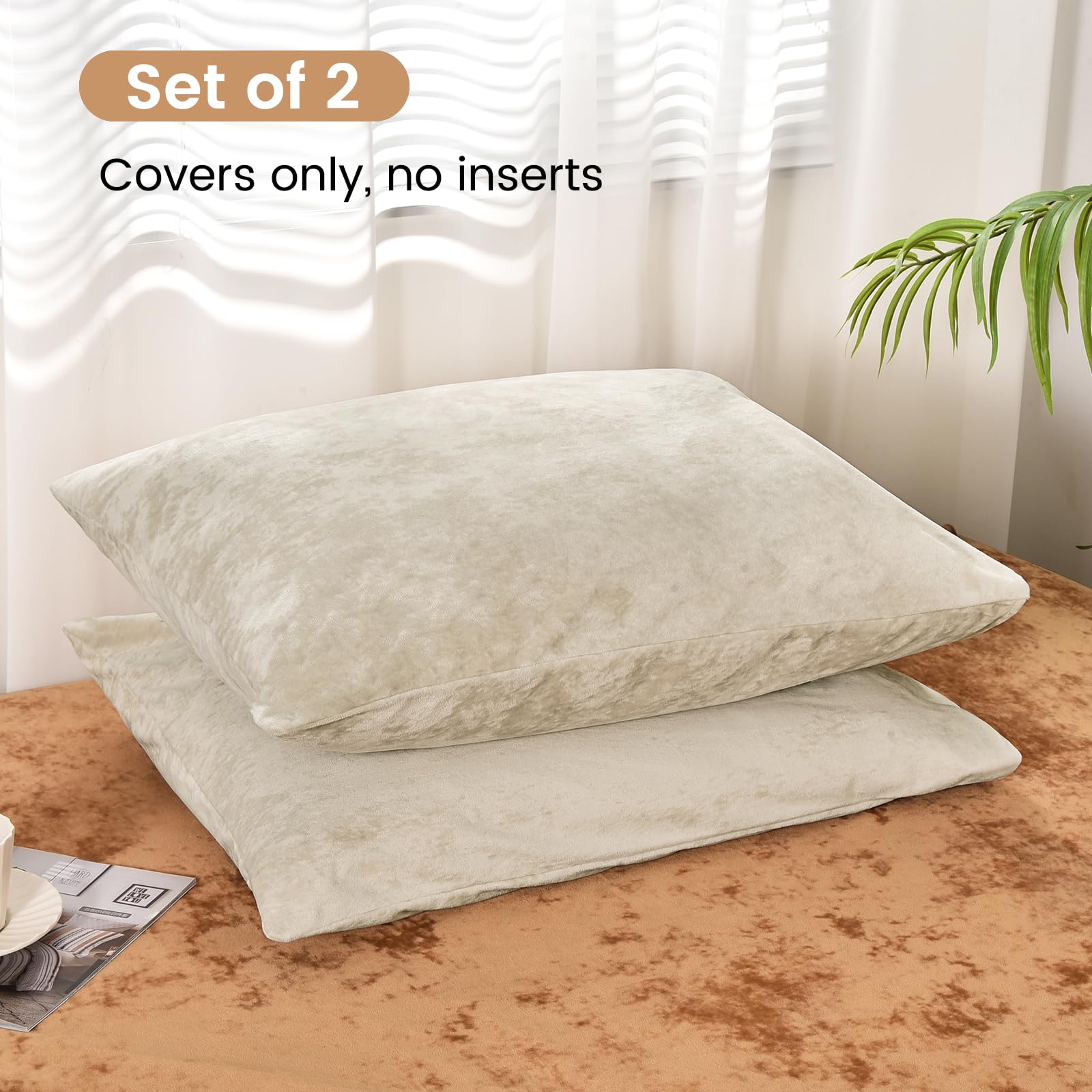Phf Truly Velvet Pillowcases King Size, No Insert, 2 Pack Ultra Soft Breathable Pillow Shams Covers With Envelope Closure, 20' X 36' Luxury Cozy Warm Fuzzy Flannel Pillow Cases, Sand