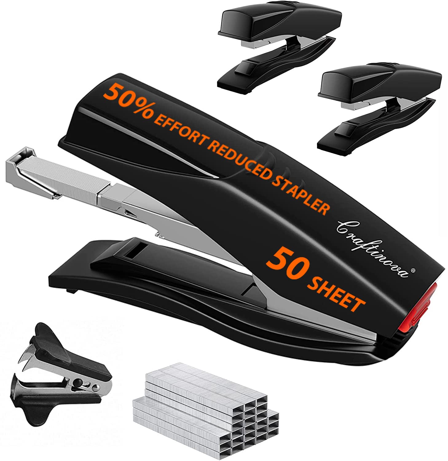 Desktop Stapler,Heavy Duty Stapler 50 Sheets,3 Packs Staplers,Effortless,Include 1600 Staples And 1 Staple Remover,With Reload R