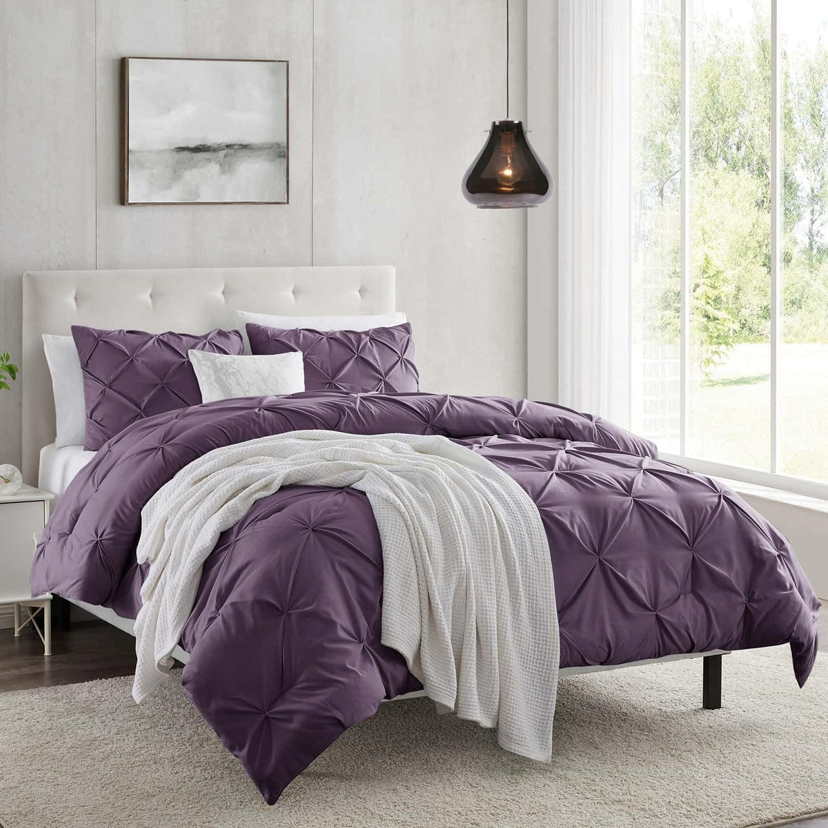 Nestl Twin Duvet Cover Set Pintuck - Double Brushed Purple Duvet Cover Twin 2 Piece With Button Closure, 1 Pinch Pleated Twin Si