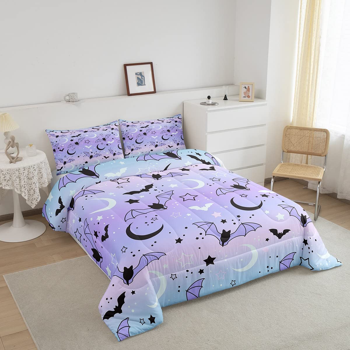 Feelyou Halloween Comforter Rainbow Comforter Set For Boys Girls Children Bat Moon Star Print Bedding Set Halloween Theme Purple