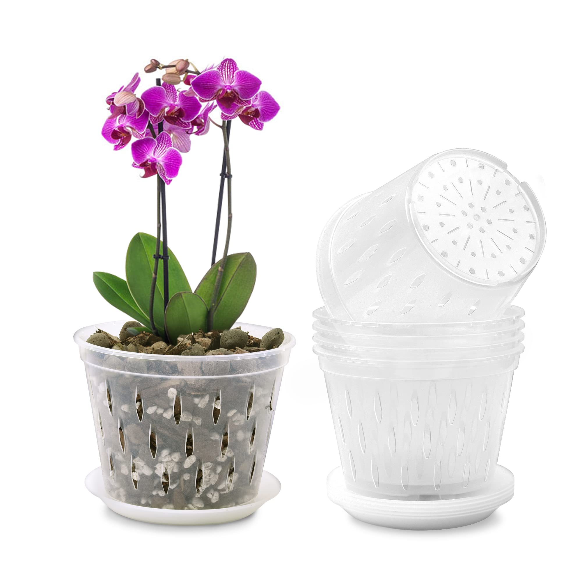 Kitypartsy Orchid Pot, 5 Inch 6 Pack Orchid Pots With Holes And Saucers, Clear Plastic Orchid Pots