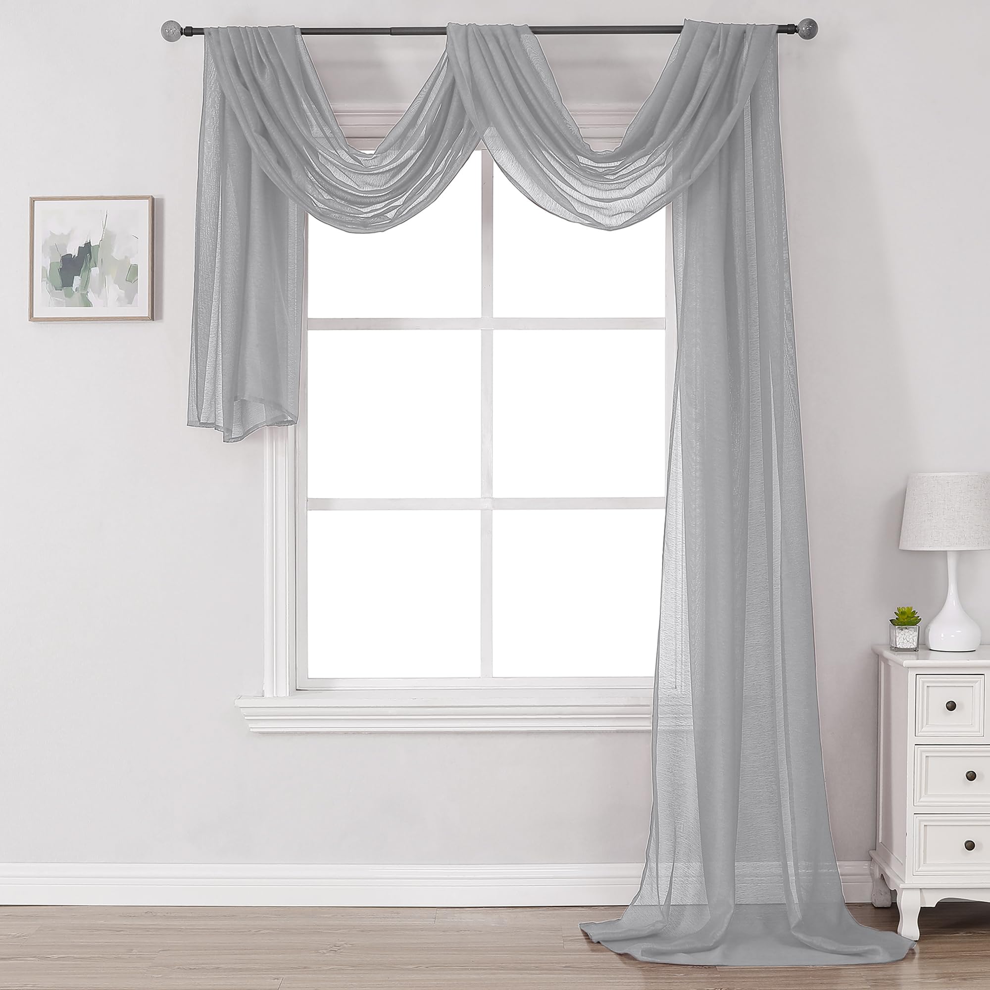 DONREN 288 Inch Length Window Scarf - Extra Long Grey Background Scarf Curtain - Soft Voile Textured Window Topper Curtain Valan