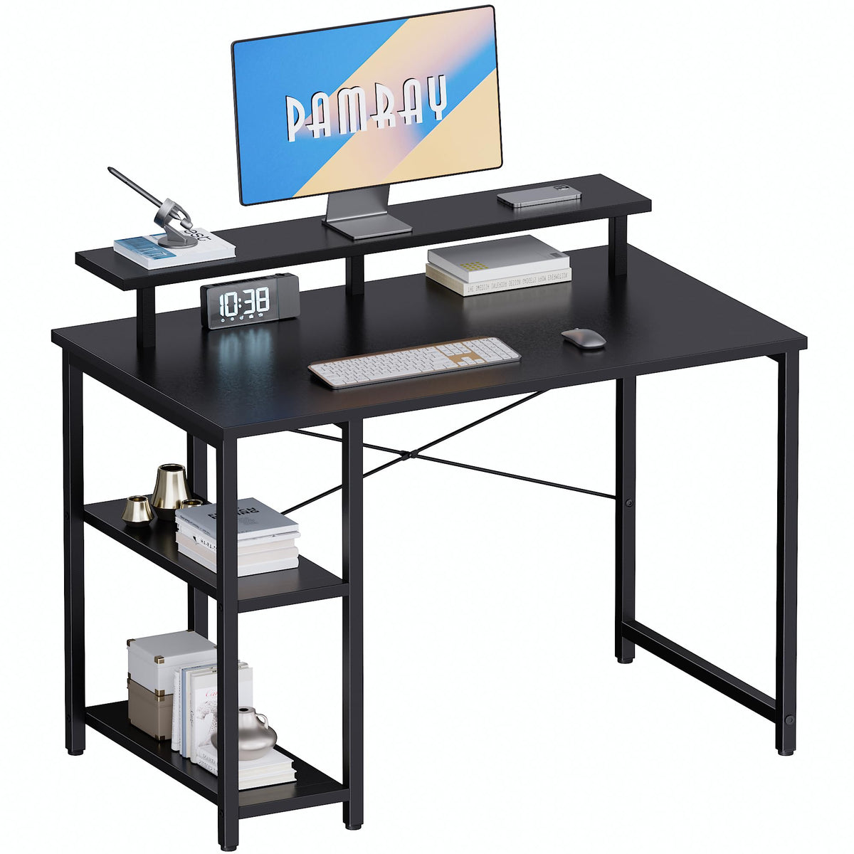 Pamray 33.5 Inch Small Computer Desk with Monitor Stand and Shelves