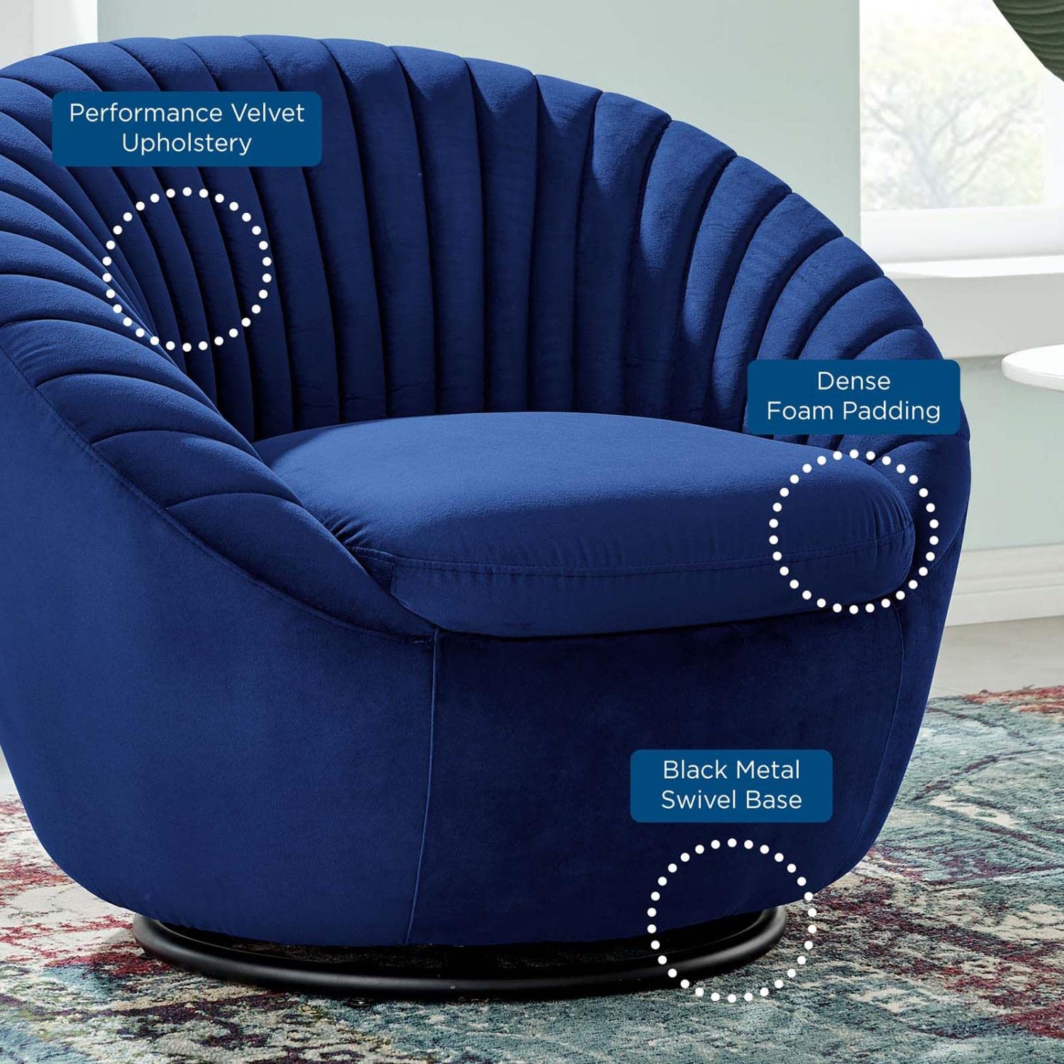 Modway Whirr Tufted Performance Velvet Swivel Chair in Black/Navy