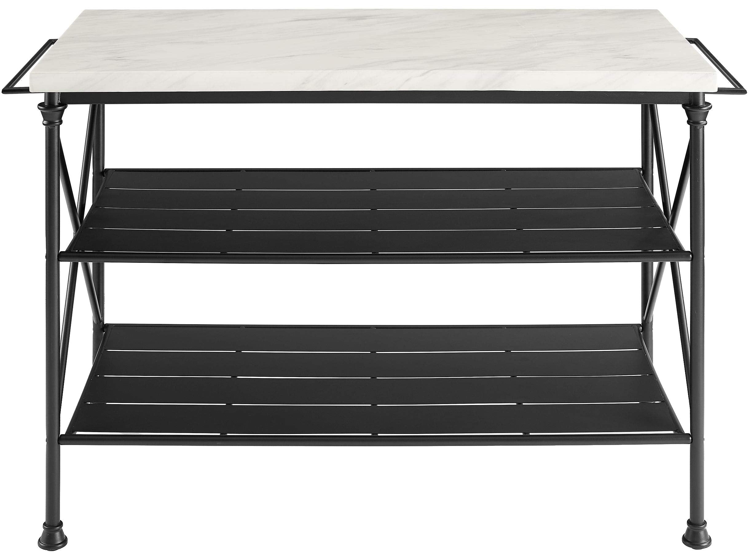 Crosley Furniture Madeleine Kitchen Island With Shelves For Storage, Microwave Stand, Coffee Bar, Steel With Faux Marble Top