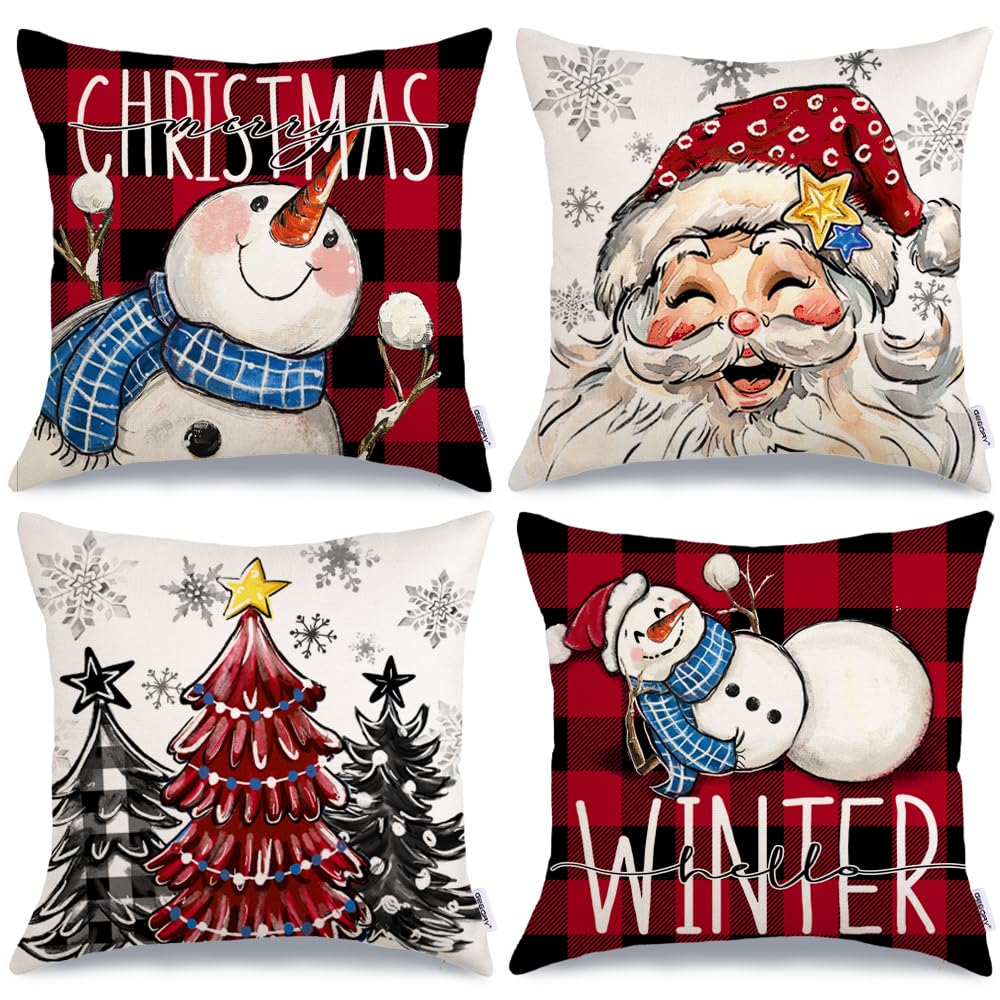 Geeory Merry Christmas Throw Pillow Covers 16X16 Inch Set Of 4, Santa Snowmen Xmas Trees Hello Winter Snowflake Holiday Farmhous