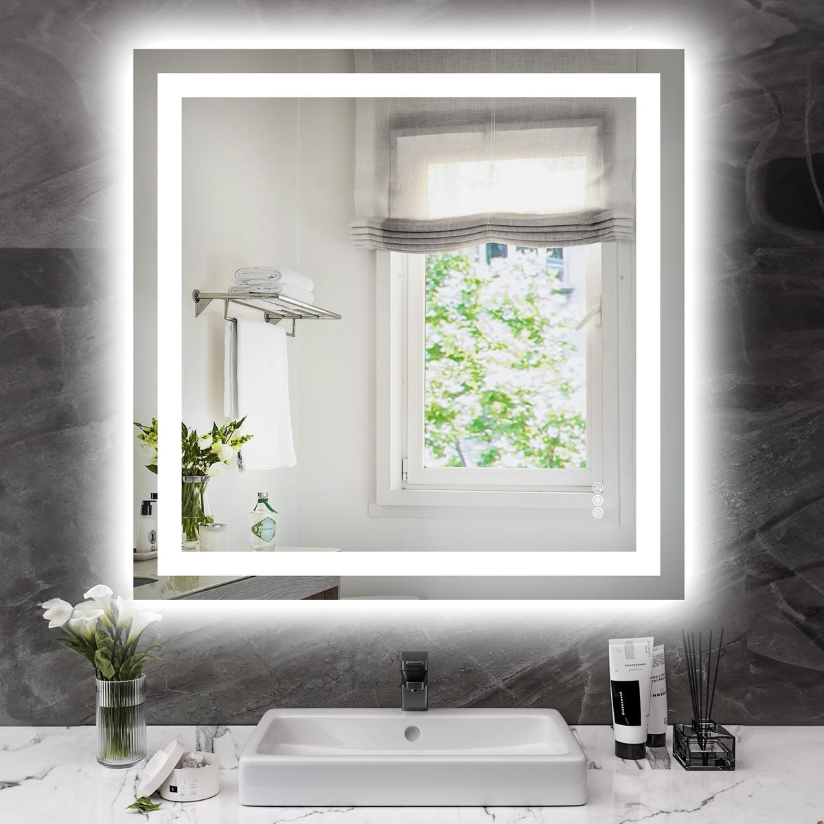 Hivone LED Bathroom Mirror with Lights 36''x 36'' Wall Vanity LED Mirror Stepless Dimmable,Double Front and Backlight,Anti-Fog,M