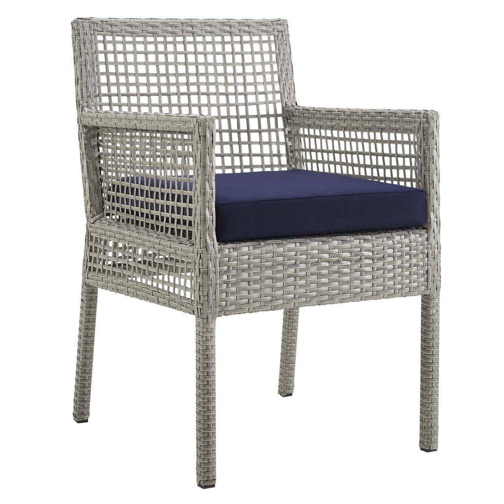 Modway Aura Wicker Rattan 7-Piece Outdoor Patio Dining Set With 68" Rectangle Dining Table And 6 Dining Armchairs In Gray Navy