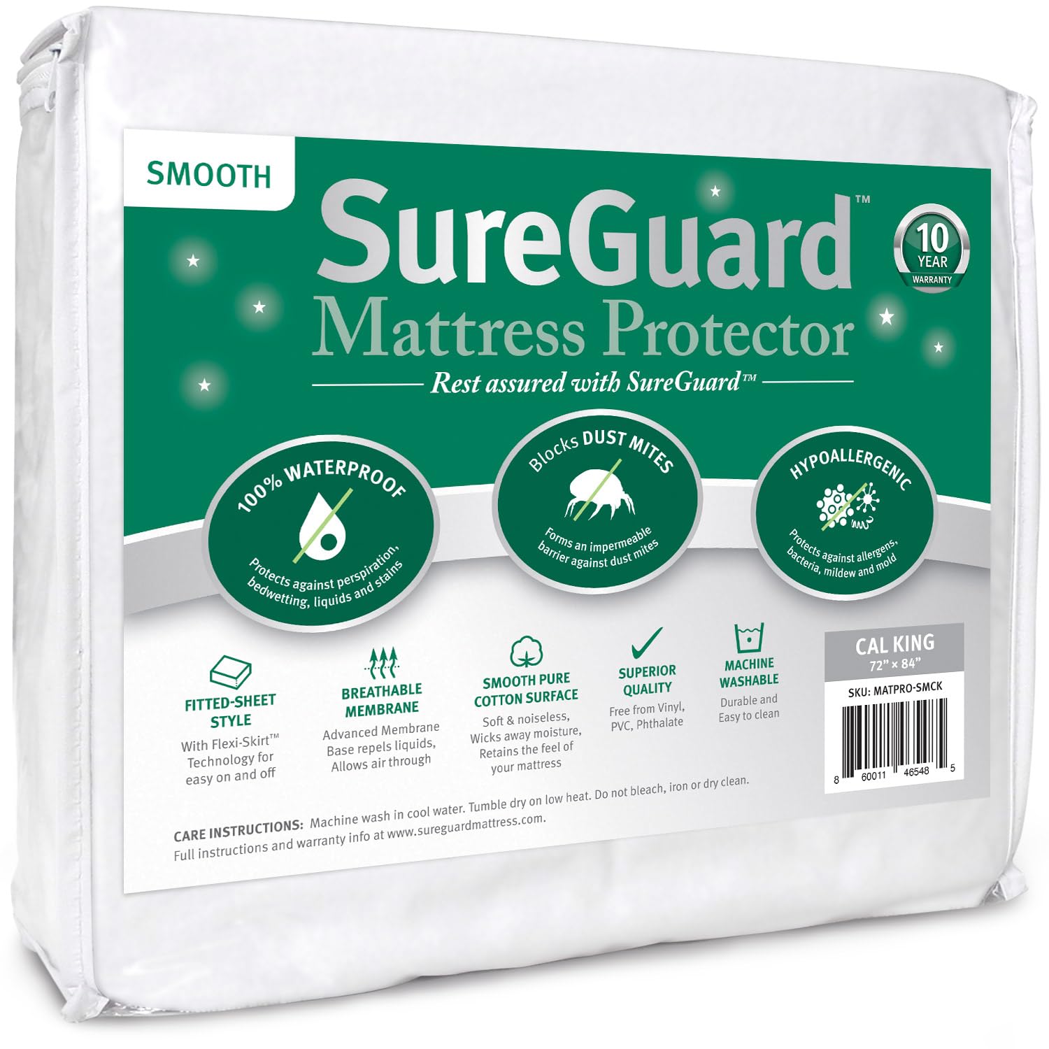 Sureguard California King Mattress Protector - 100% Waterproof, Hypoallergenic - Premium Fitted Cotton Cover - Smooth