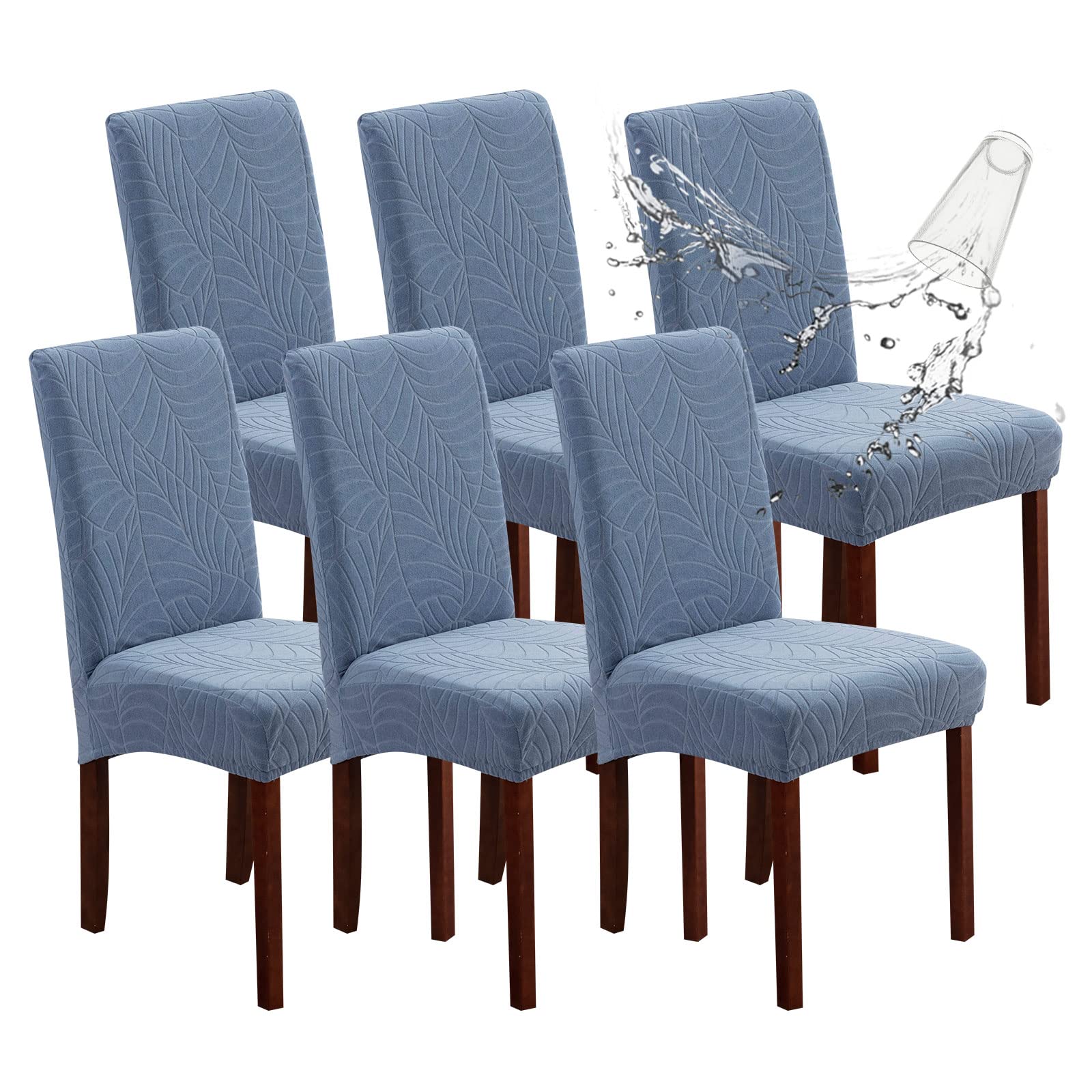 Genina Waterproof Chair Covers For Dining Room, Stretch Jacquard Dining Chair Slipcovers Removable Washable Chair Protector For Kitchen, Hotel, Restaurant (Leaves-Light Blue, 6 Pcs)