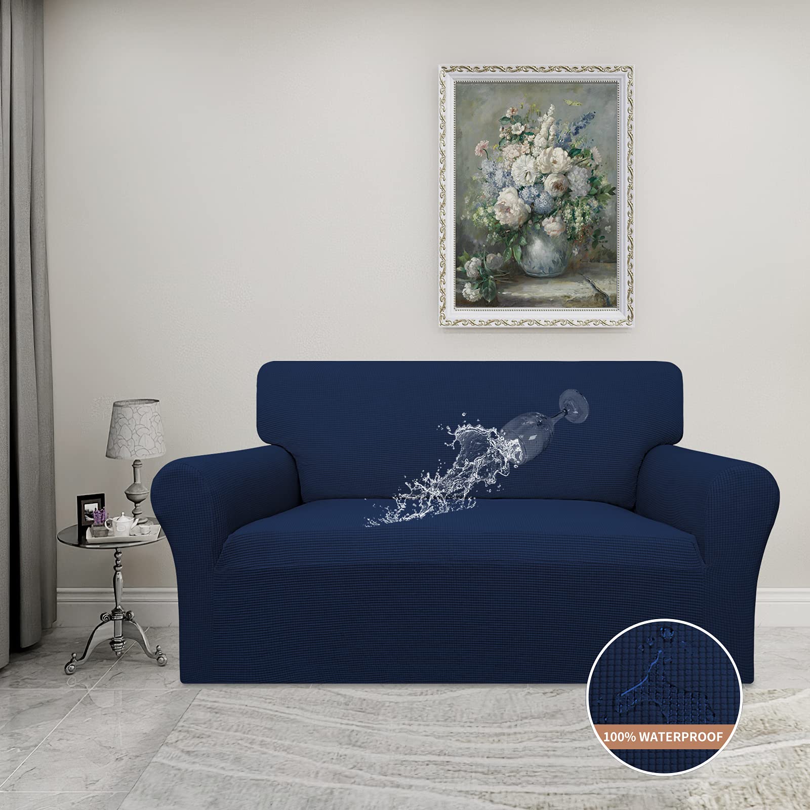 Easy-Going 100% Waterproof Loveseat Couch Cover, Dual Waterproof Sofa Cover, Stretch Jacquard Sofa Slipcover, Leakproof Furniture Protector For Kids, Pets, Dog And Cat ( Loveseat, Navy)