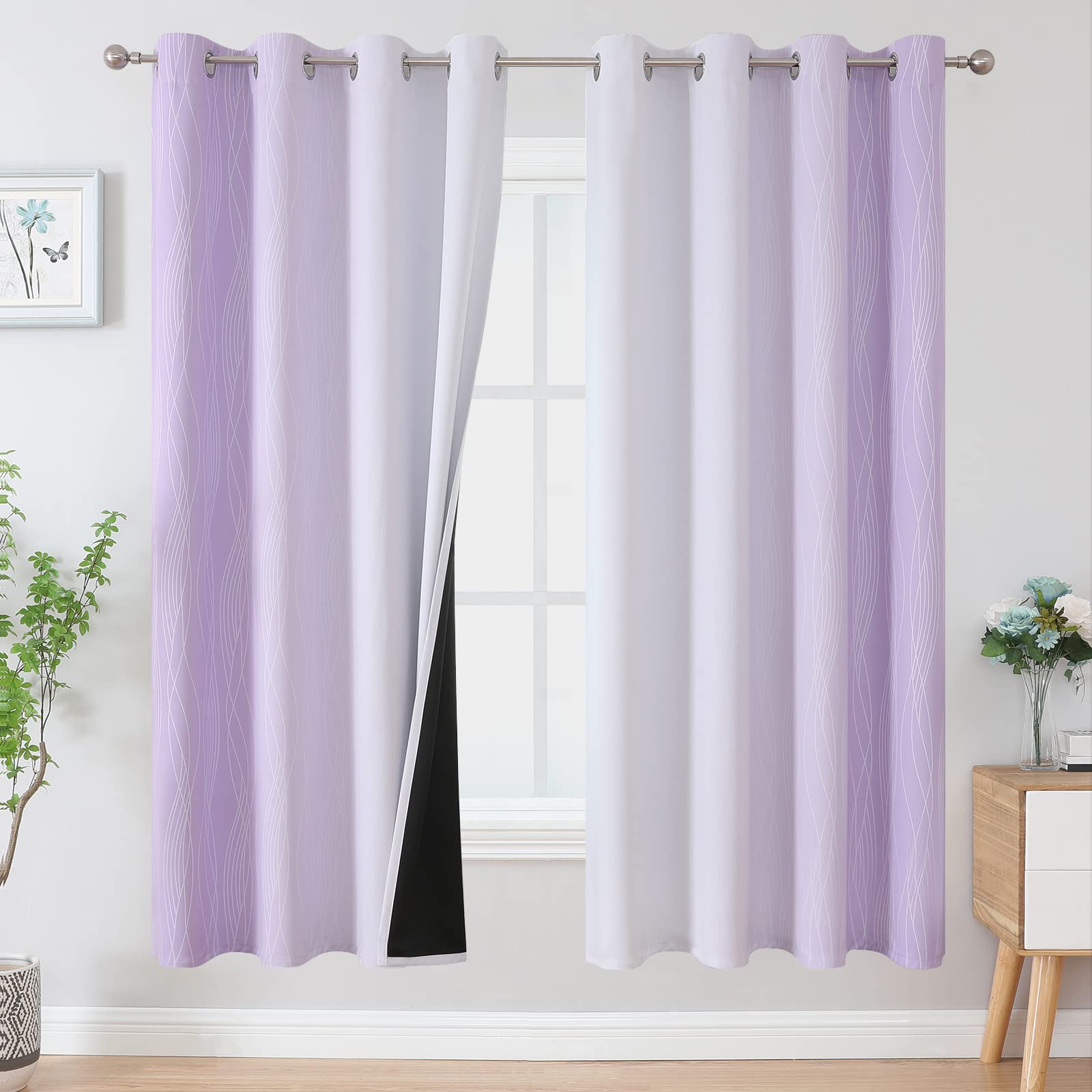 Estelar Textiler Lilac And Greyish White Gradient Blackout Curtains For Bedroom, Thermal Insulated Ombre Blackout Drapes, Room D